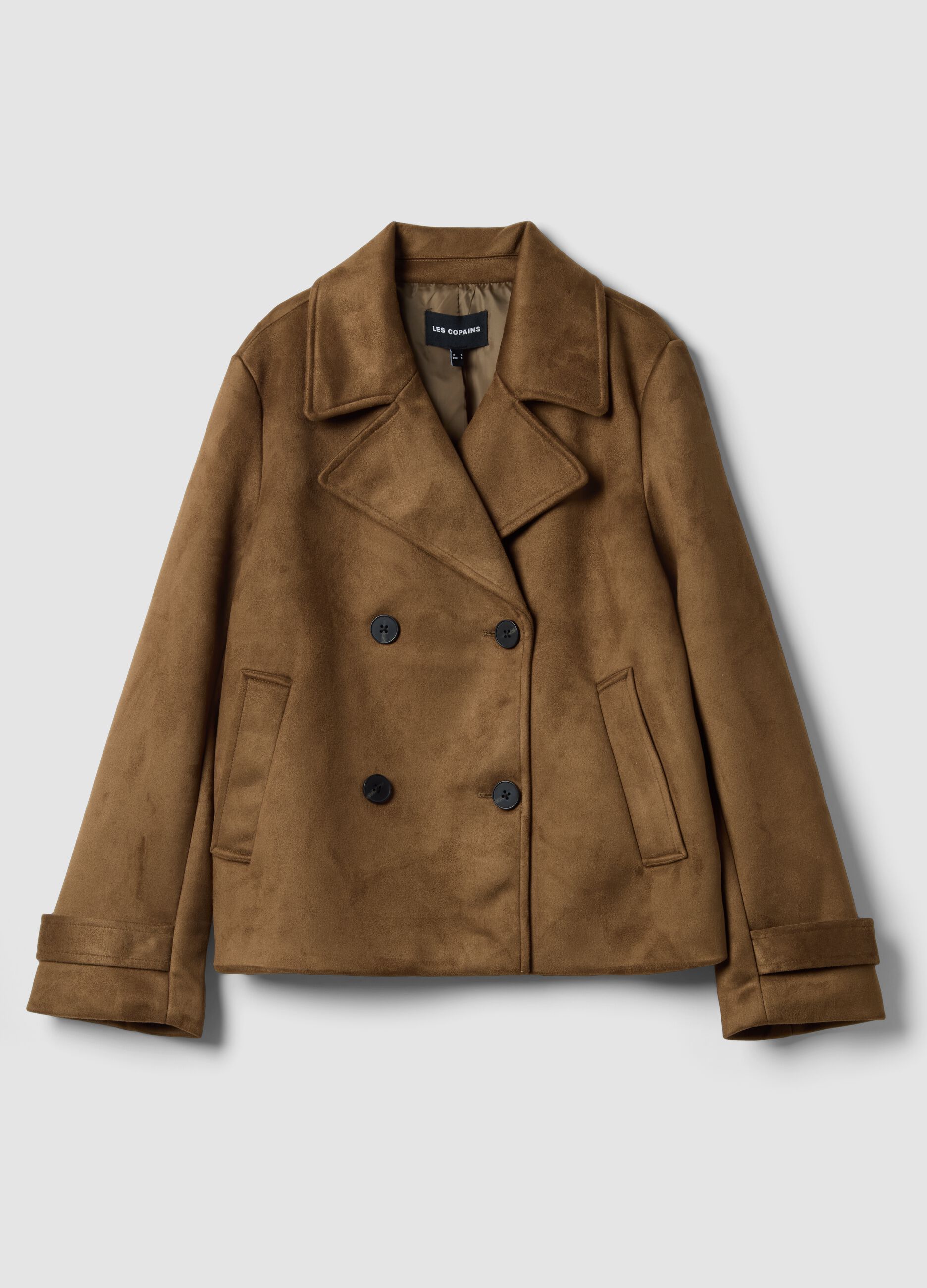 Brown double-breasted regular fit peacoat with pockets