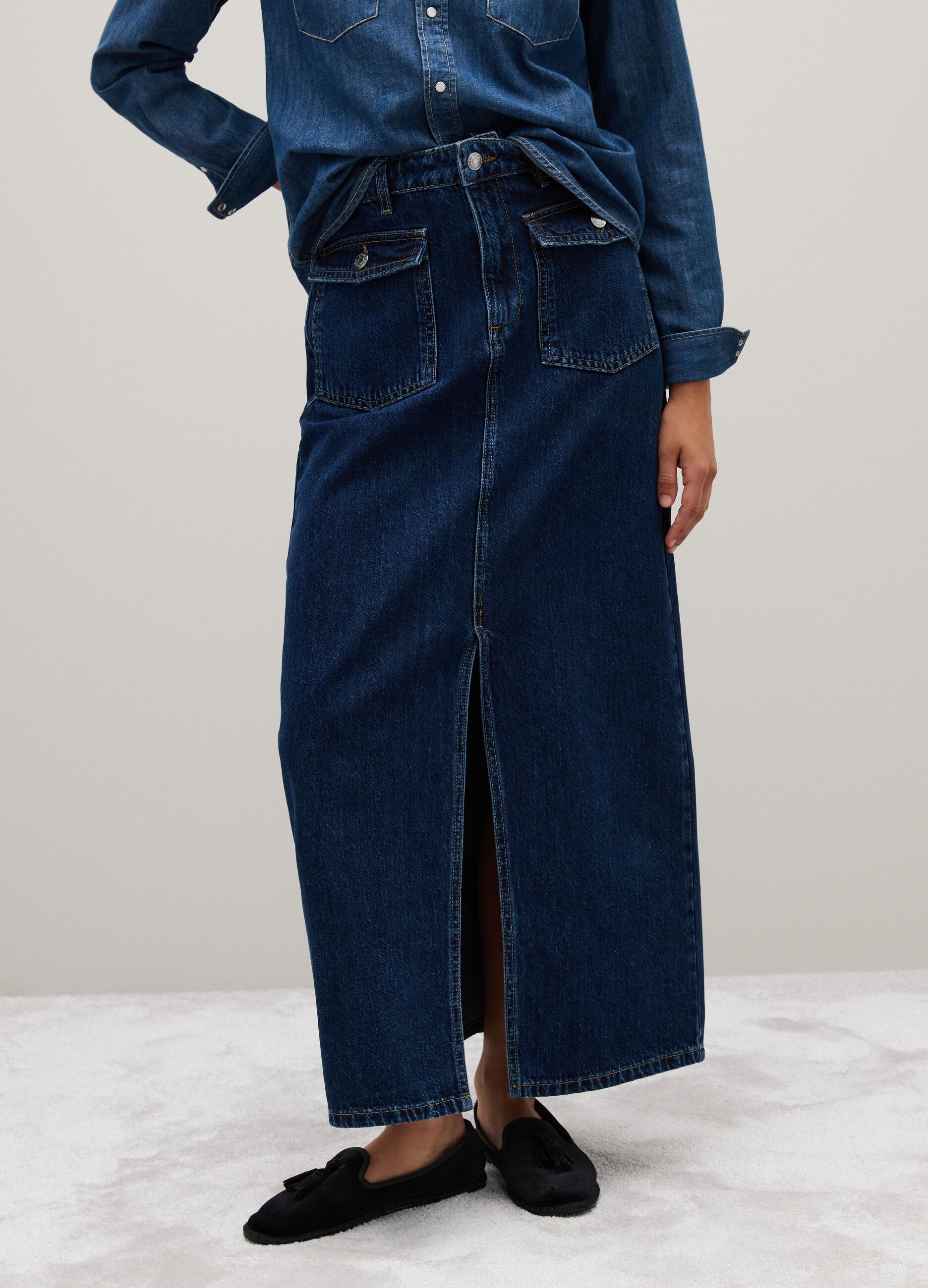 Gonna lunga in puro cotone blu regular fit