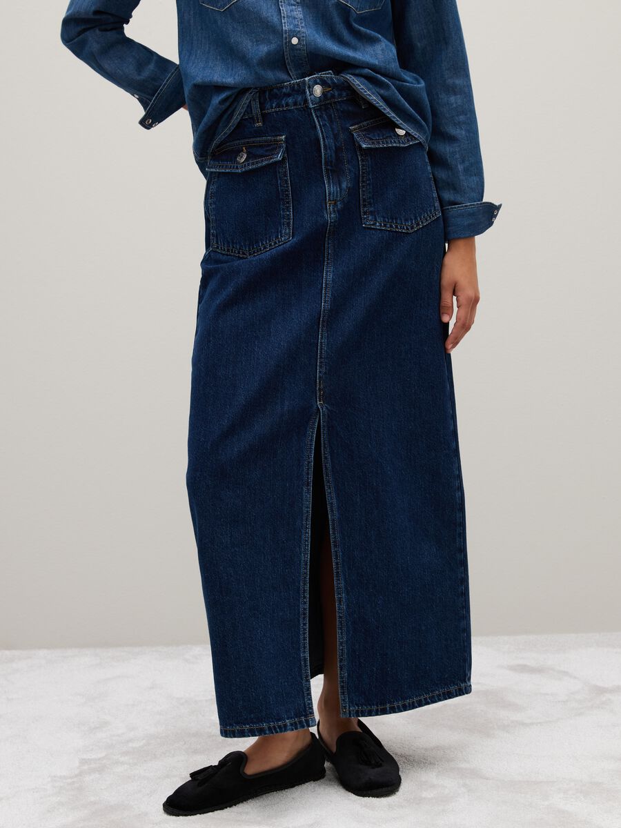 Gonna lunga in puro cotone blu regular fit_1