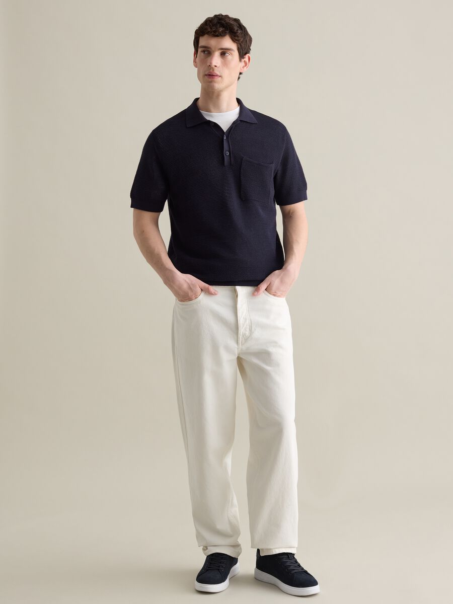 Blue polo shirt in openwork knit_1
