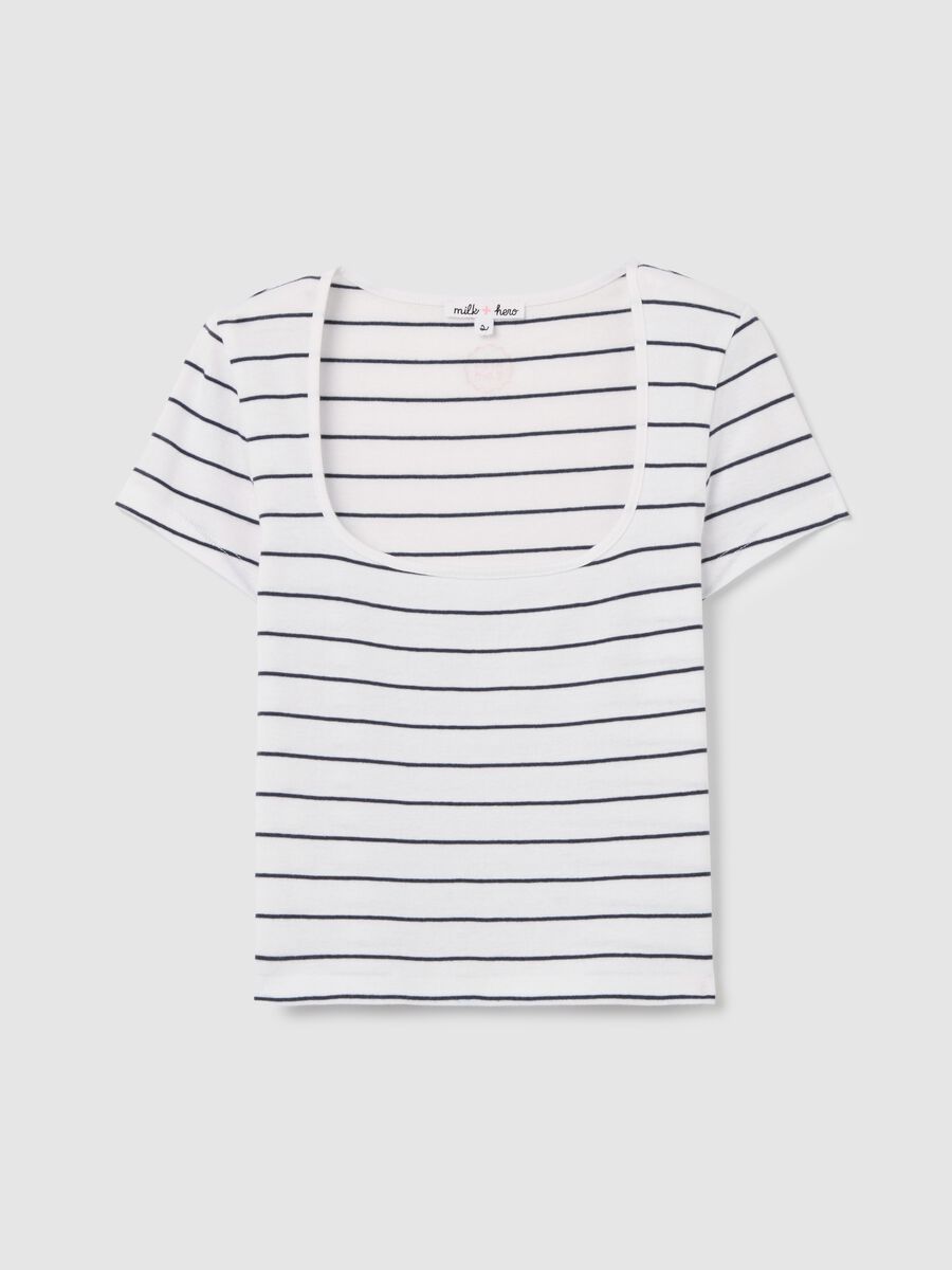 Fitted T-shirt in cotton with white and blue stripes_4