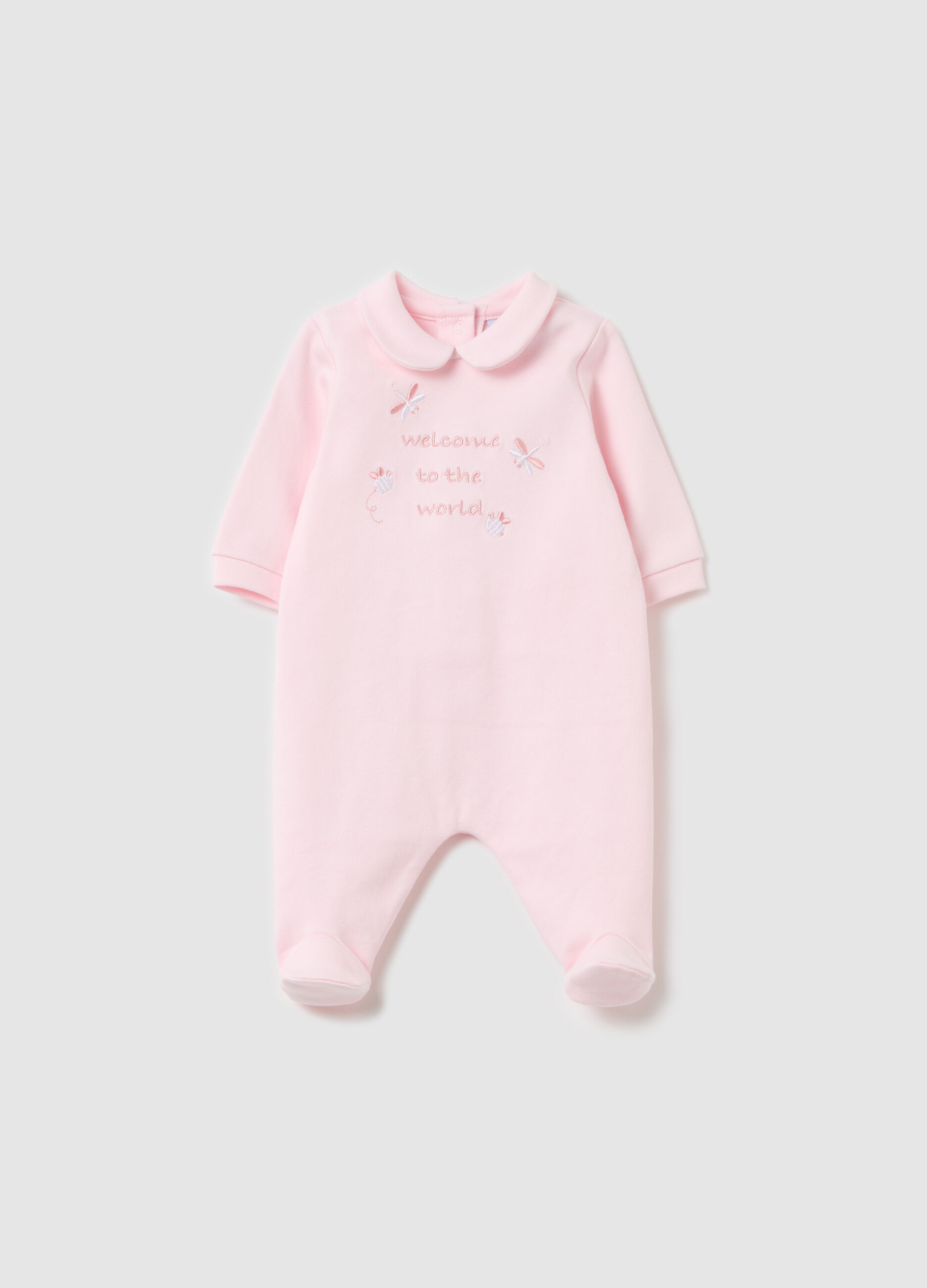 Cotton onesie with feet and "Welcome to the World" embroidery