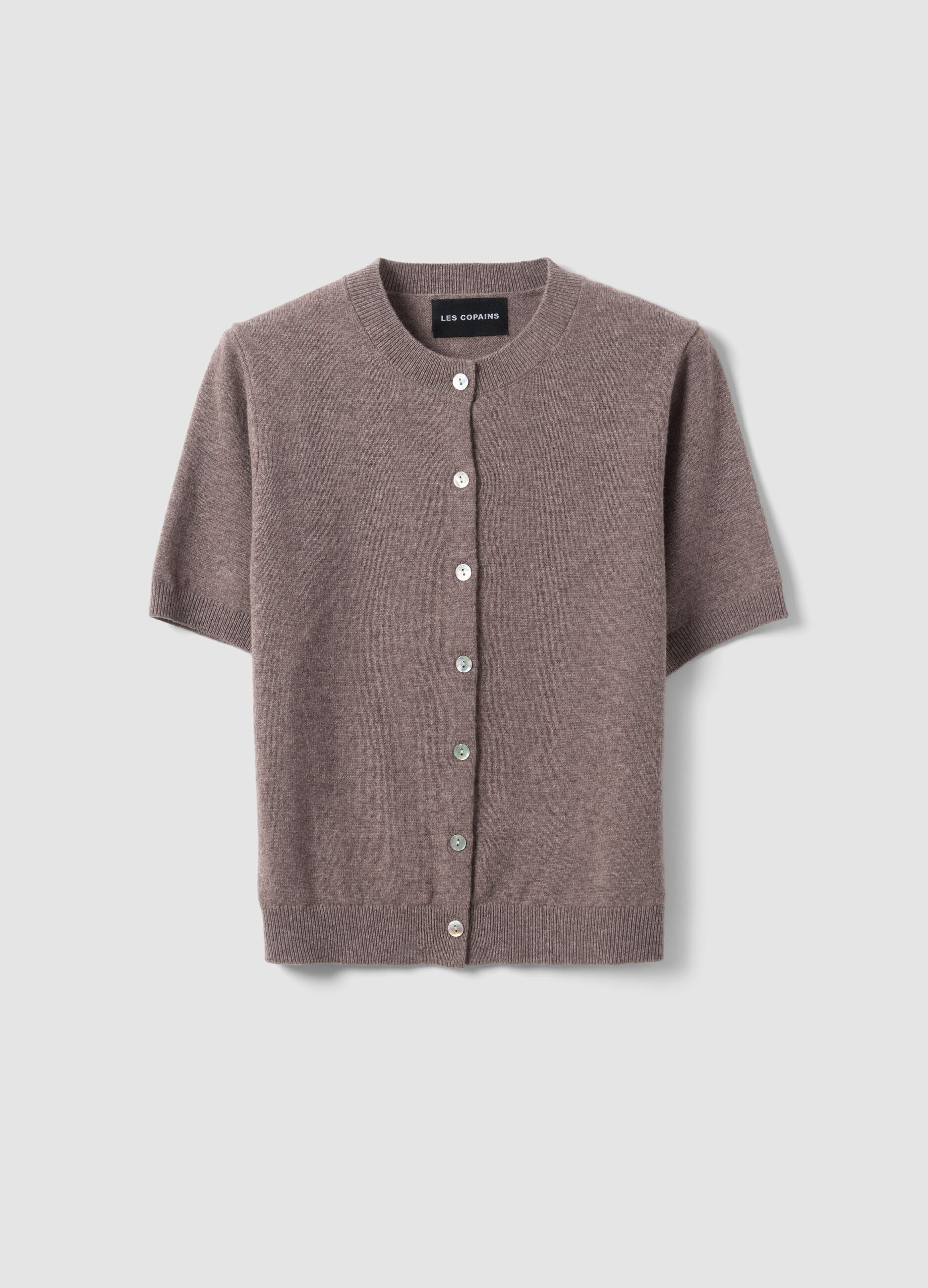 Grey pure wool crew-neck cardigan, regular fit