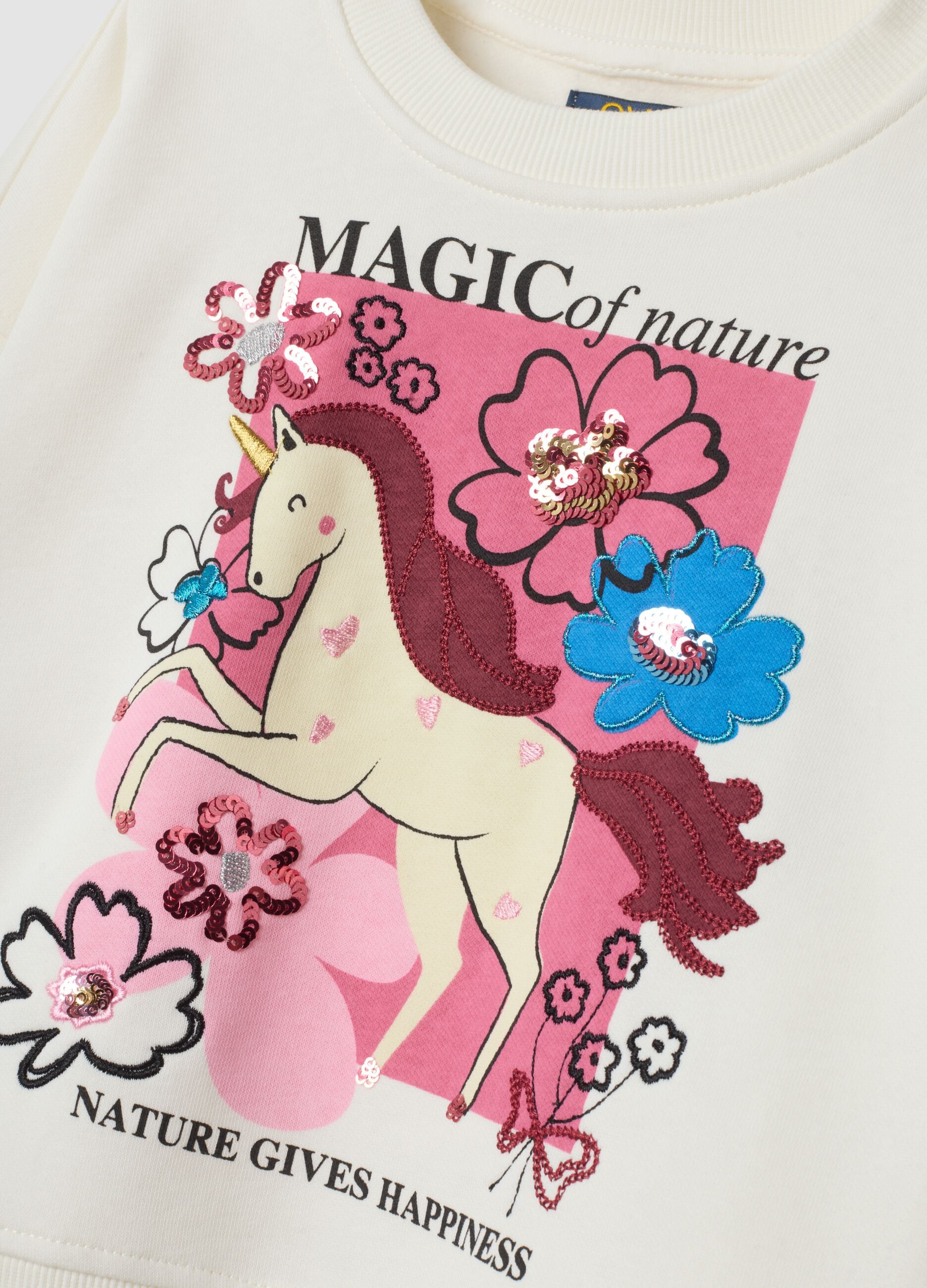 Tuta bianca in misto cotone con felpa girocollo stampa unicorno