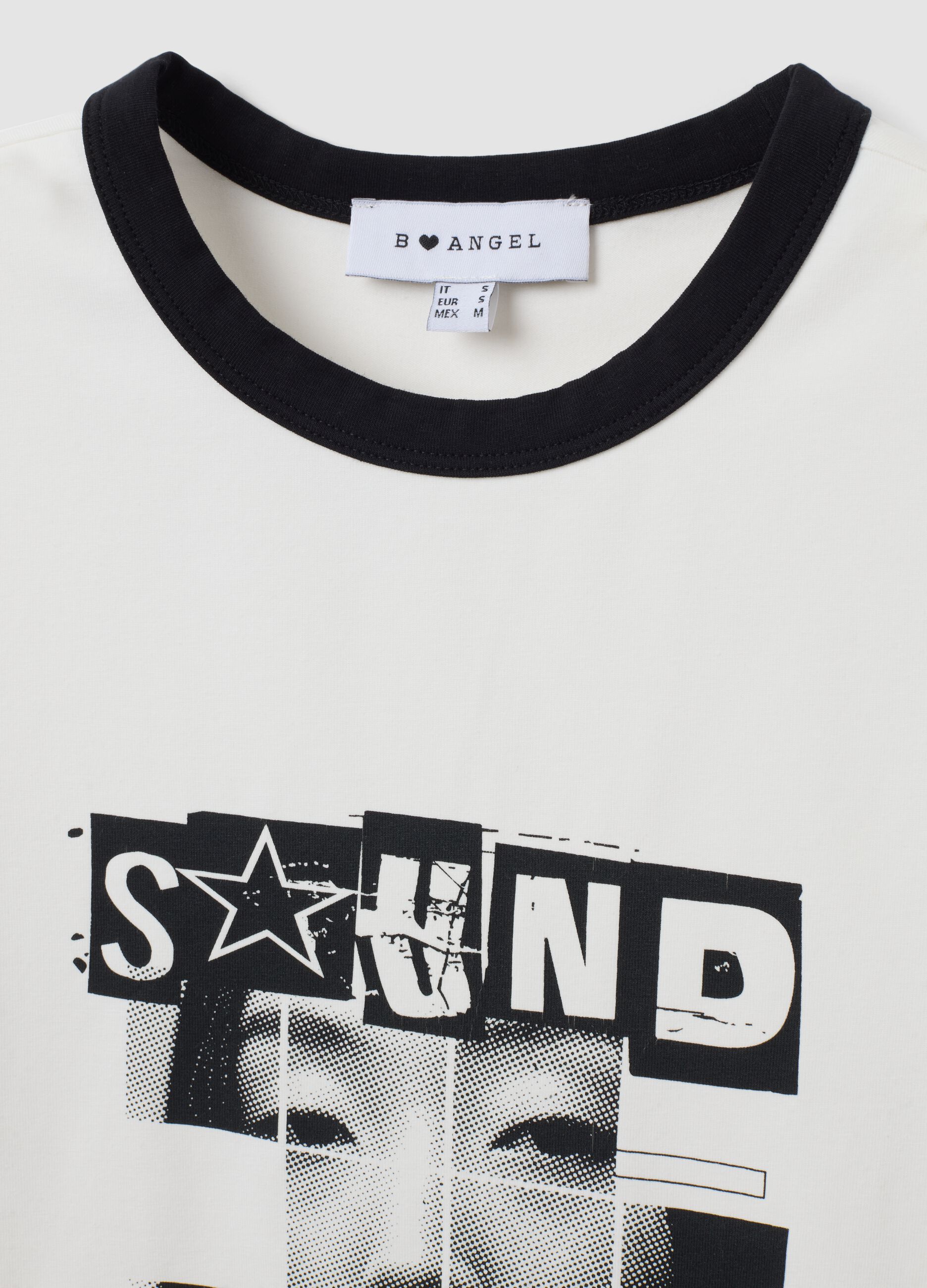 White cotton T-shirt with front graphic print and contrast trims