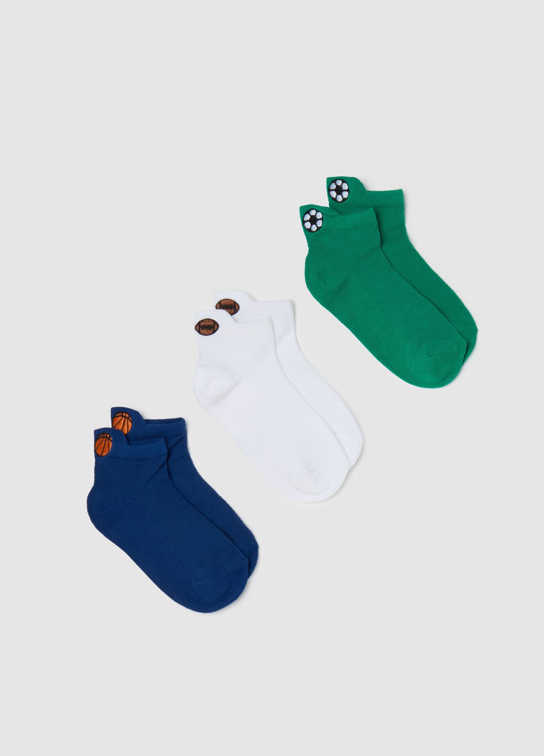 Three-pair pack shoe liners with sports motif embroidery