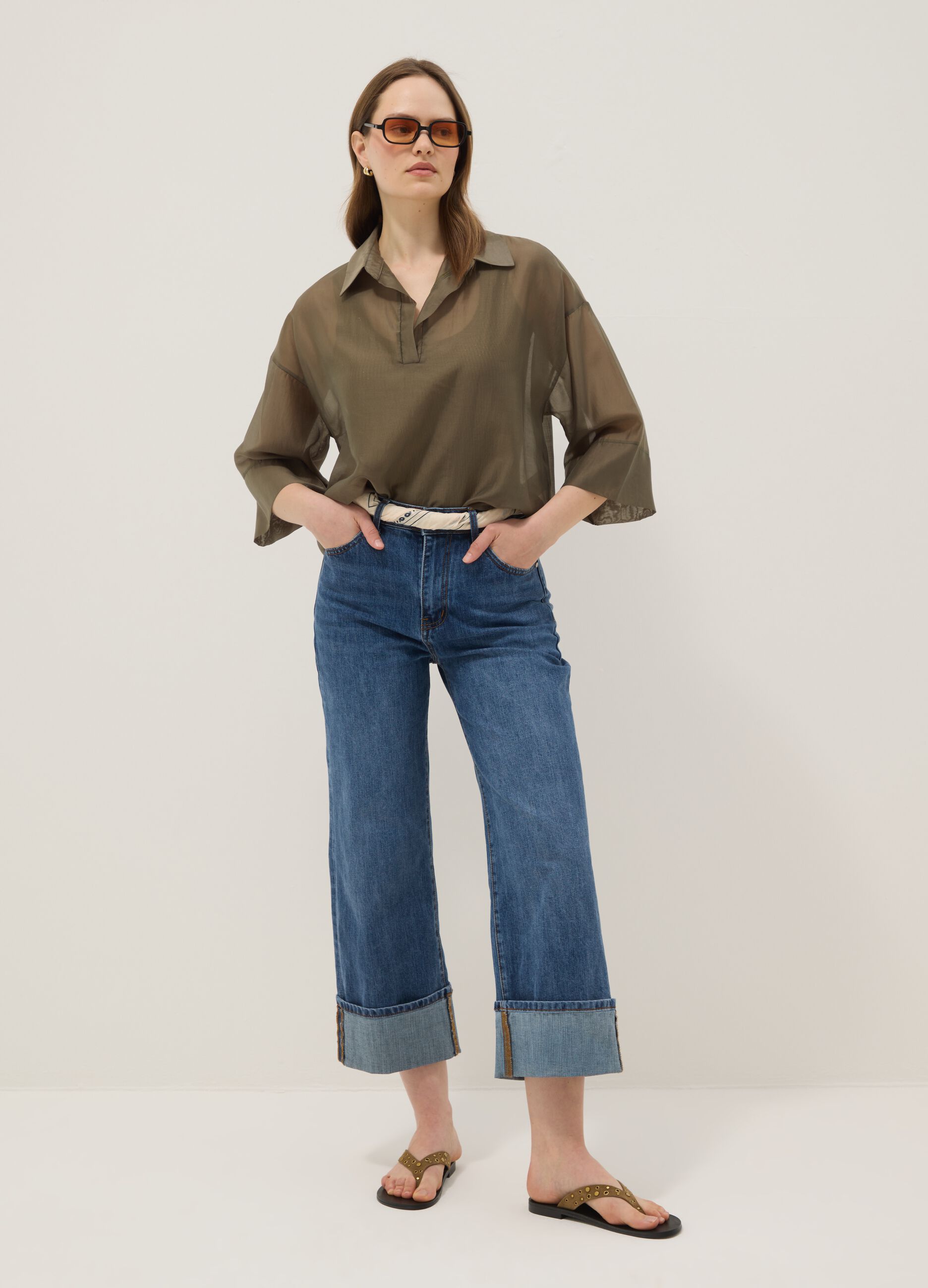 Green long-sleeve viscose-blend blouse, regular fit