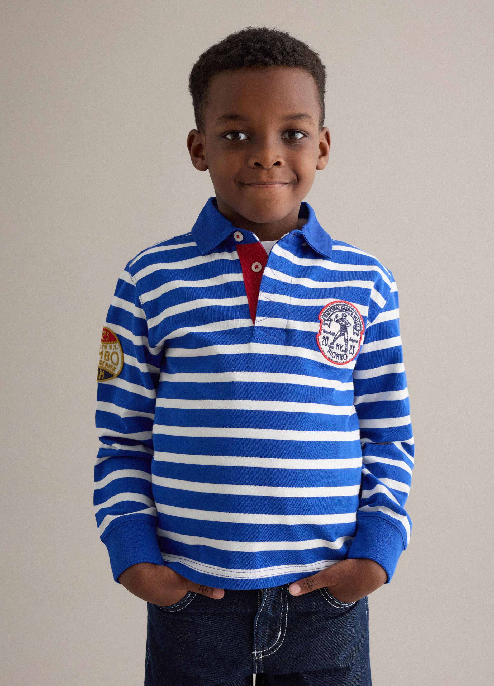 Boys' regular fit multicolour striped pure cotton polo with patches