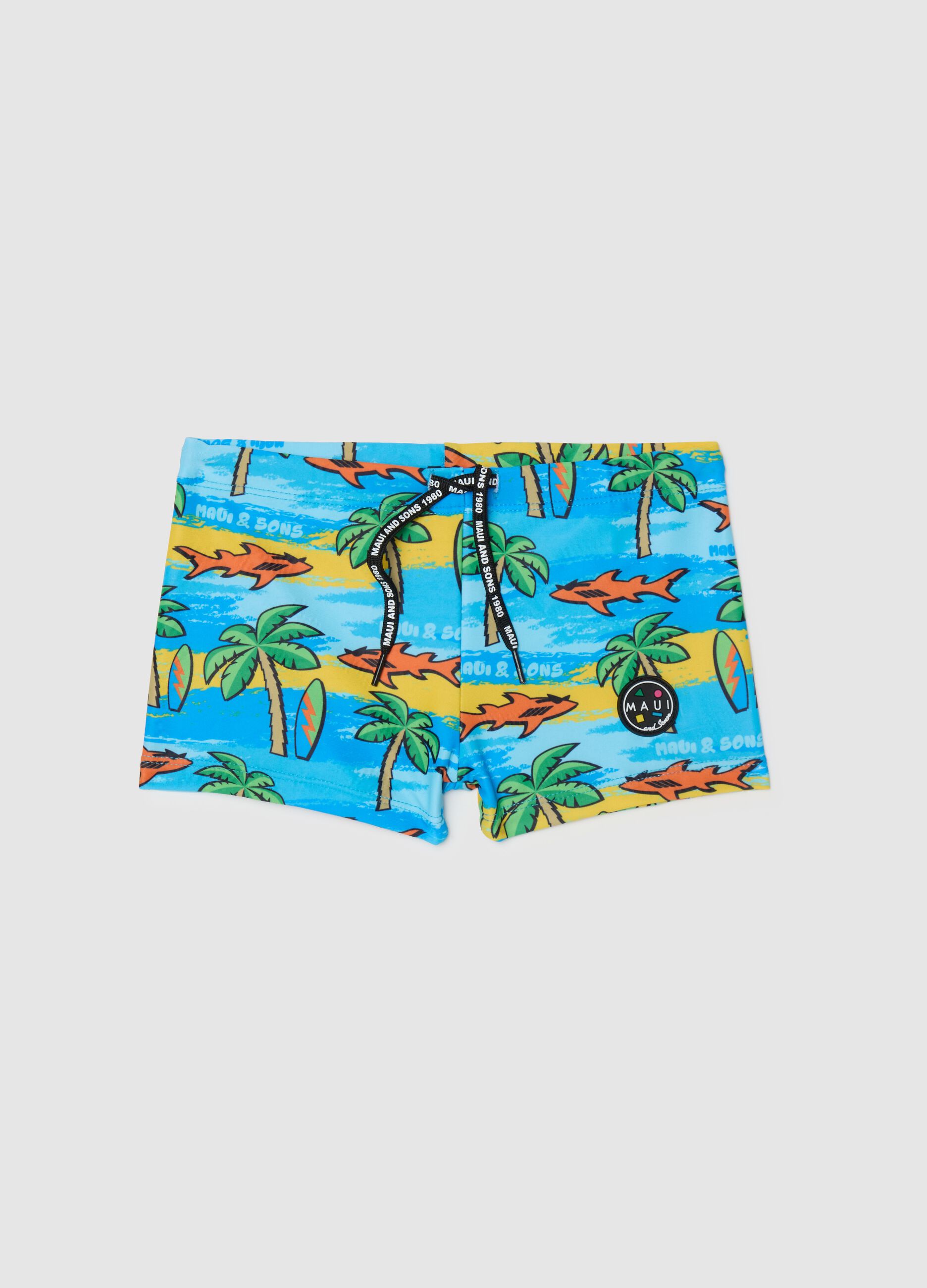 Costume da bagno da bambino in tessuto elasticizzato multicolor con stampa tropicale
