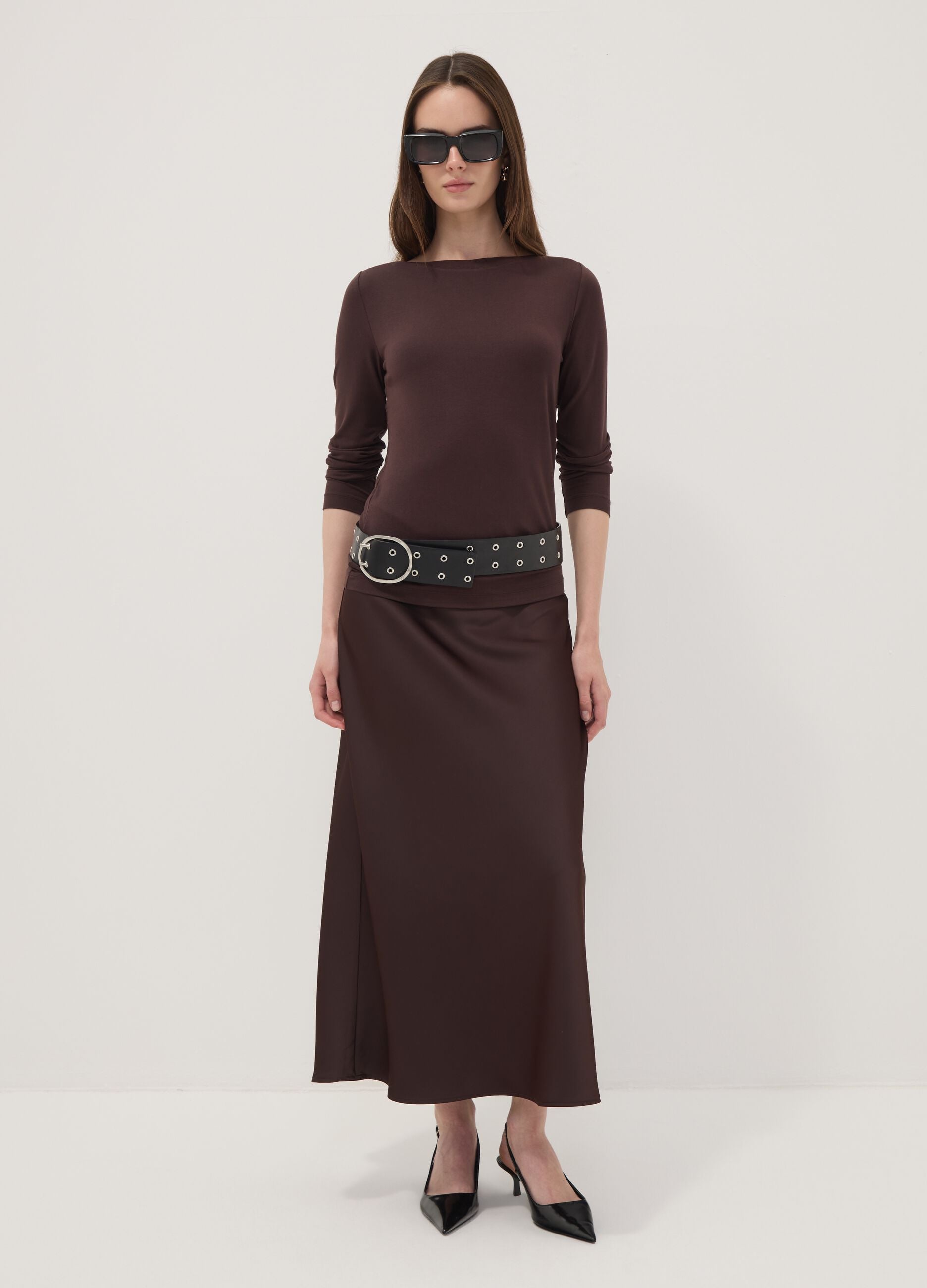Brown long-sleeve stretch viscose T-shirt
