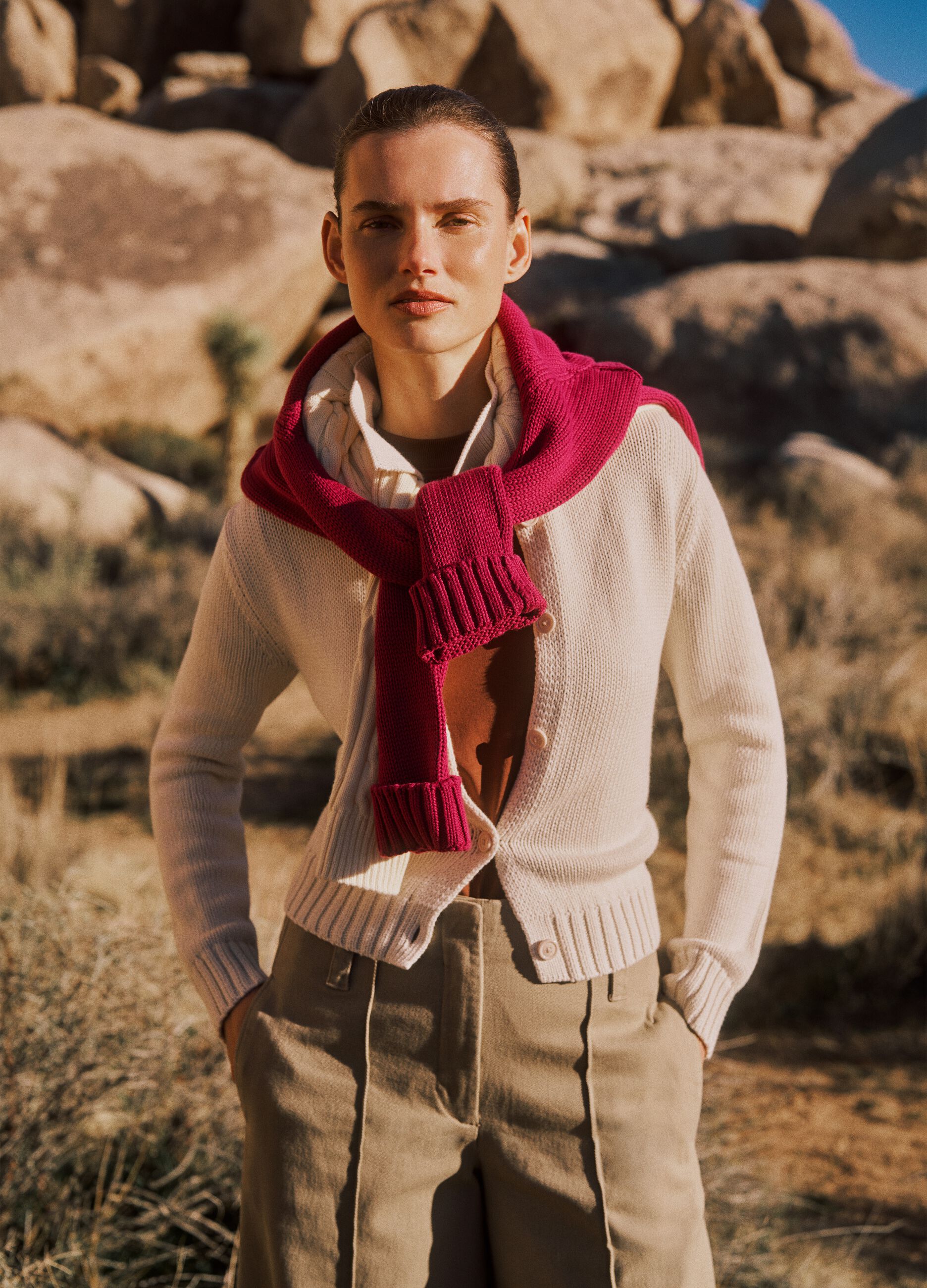 Beige pure cotton regular fit cardigan with polo collar