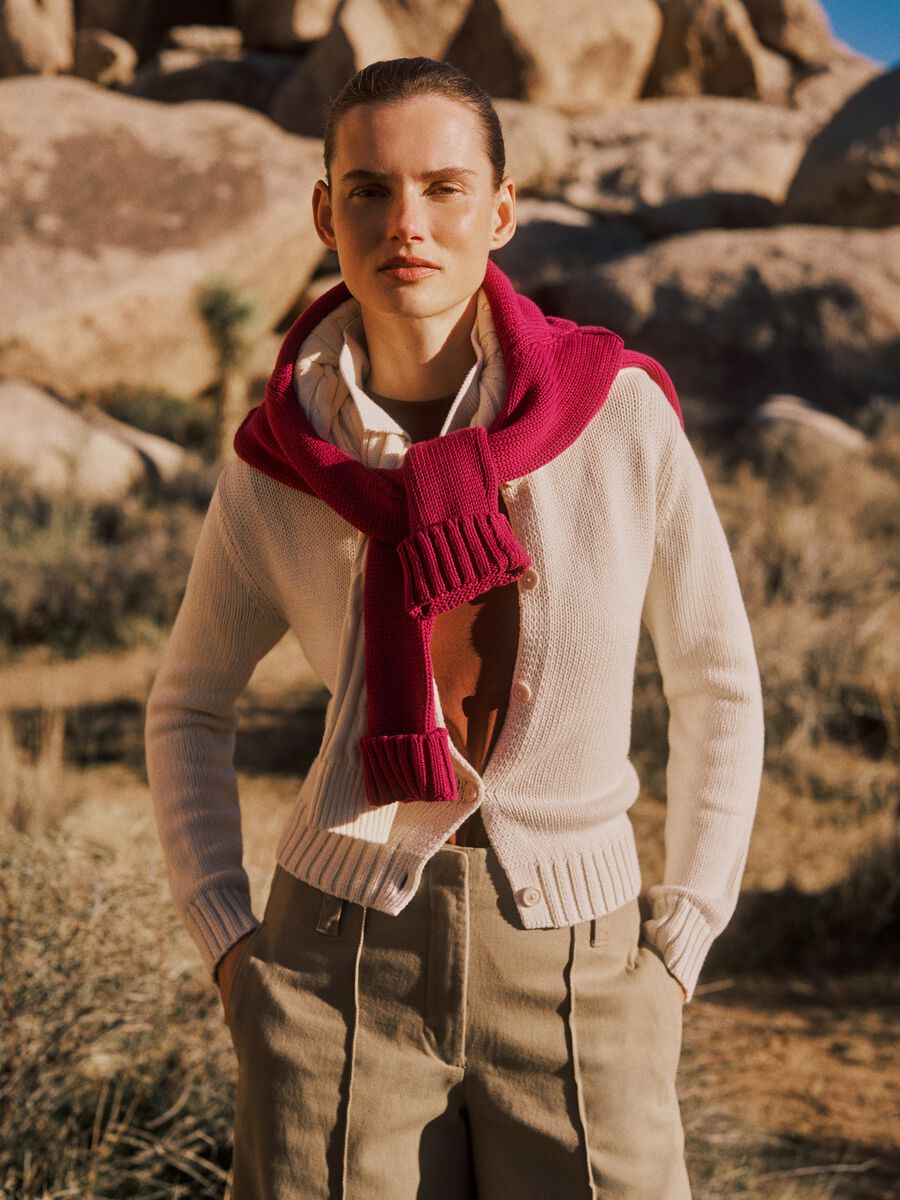 Cardigan beige in puro cotone regular fit con collo polo_0