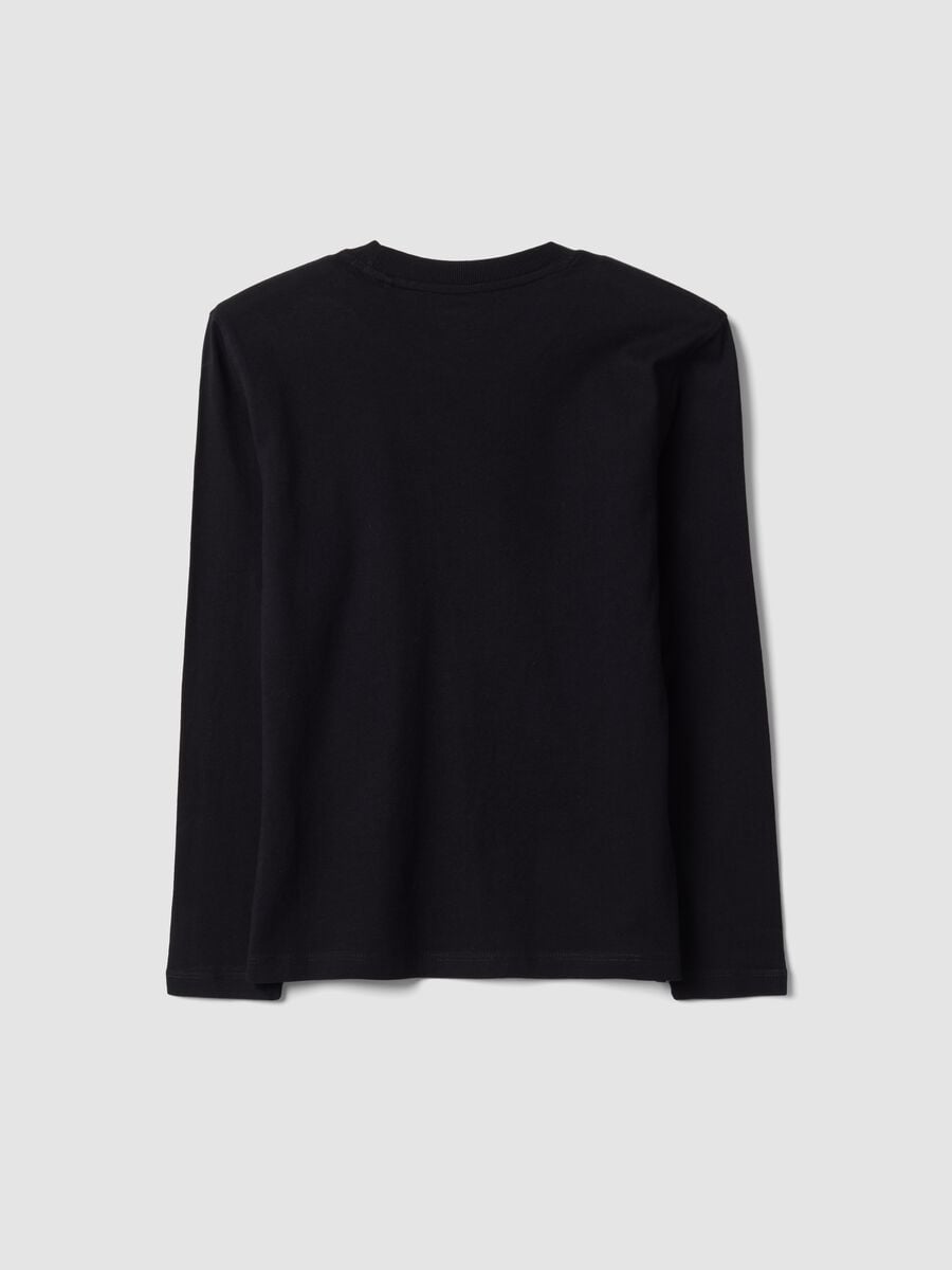 T-shirt nera in puro cotone organico con girocollo e stampa teschio per ragazzo_5