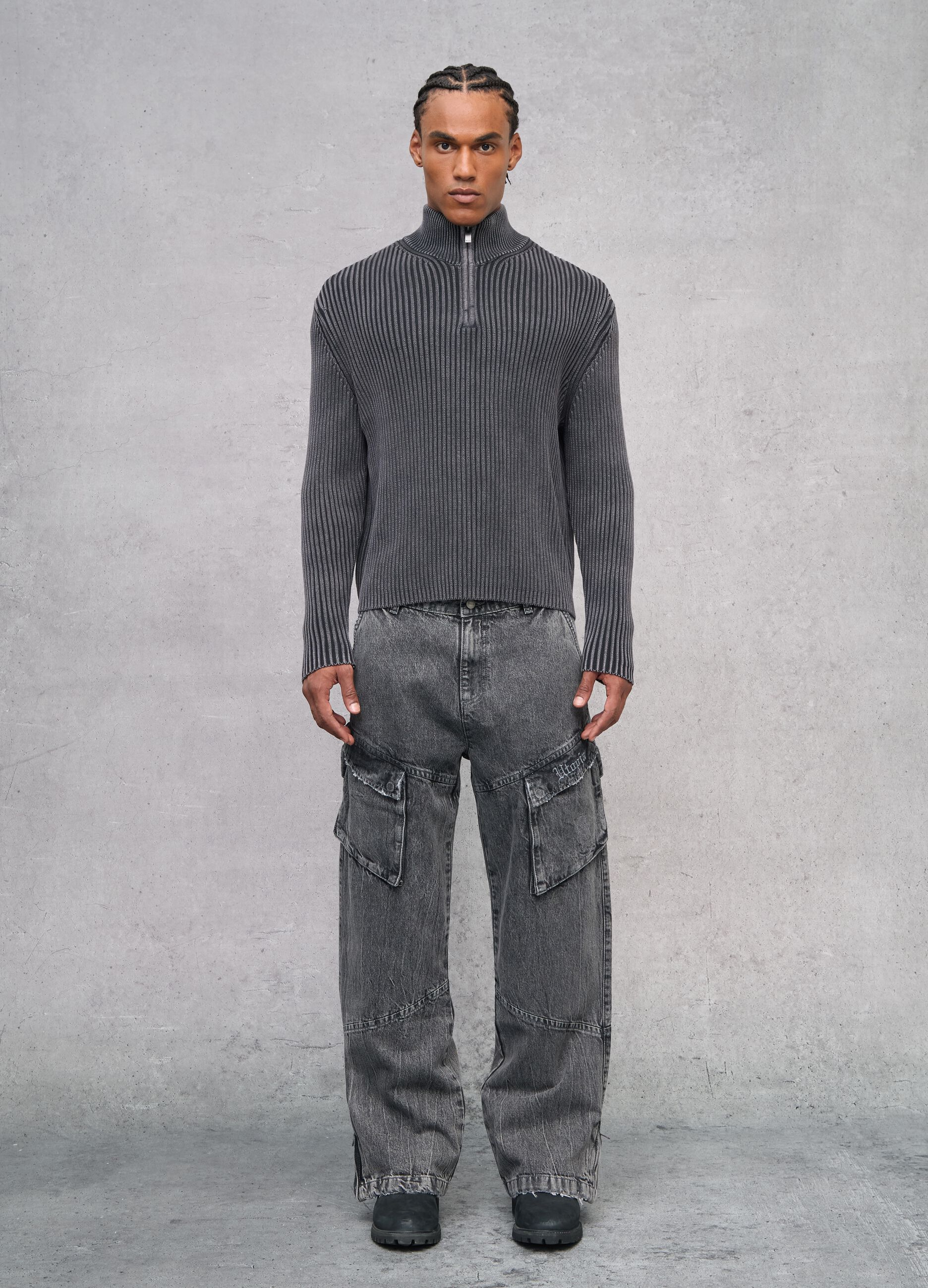 Half-Zip Ribbed Knit Vintage Grey