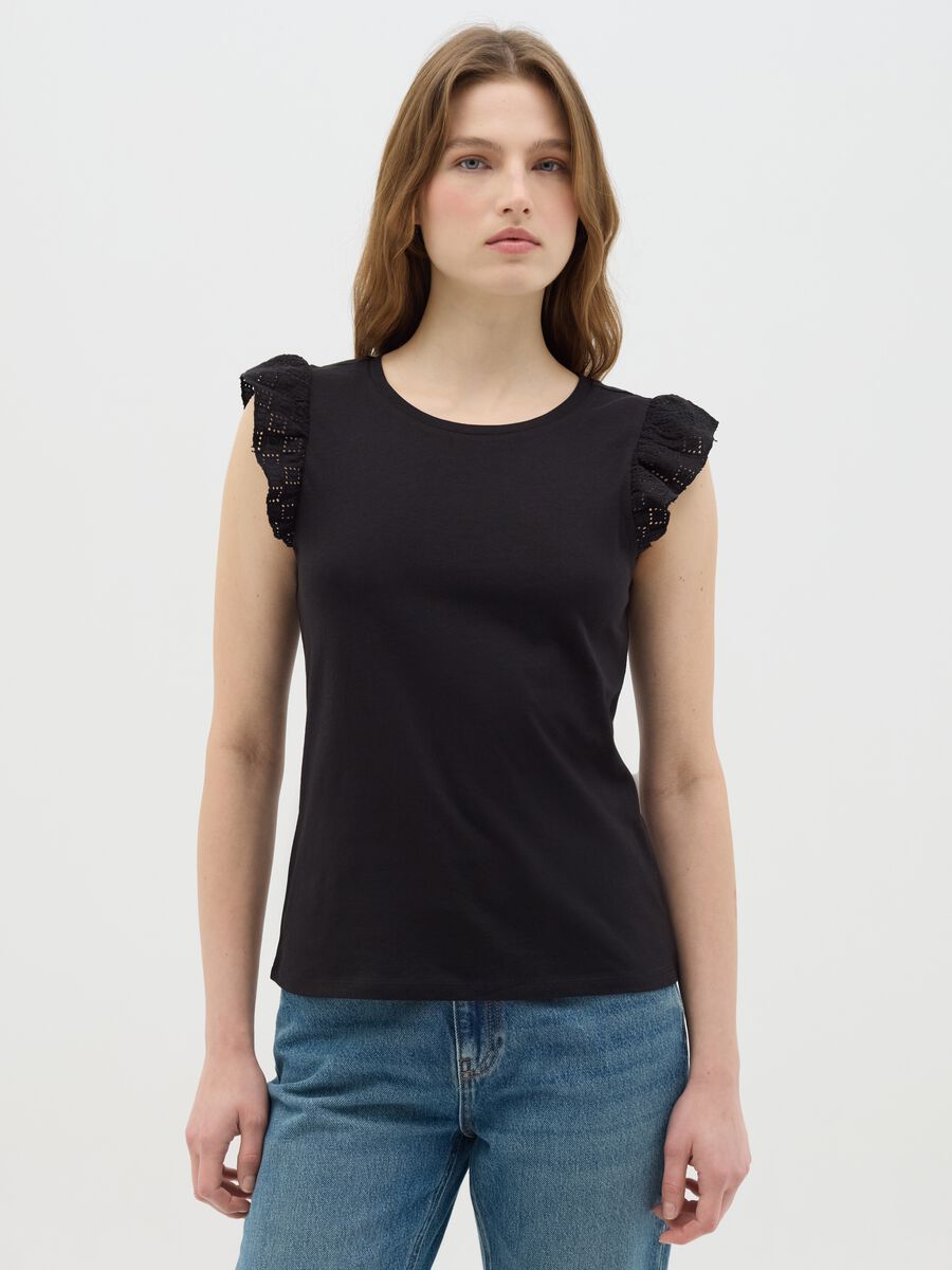 Black tank top with contrasting ruffles in cotton_0