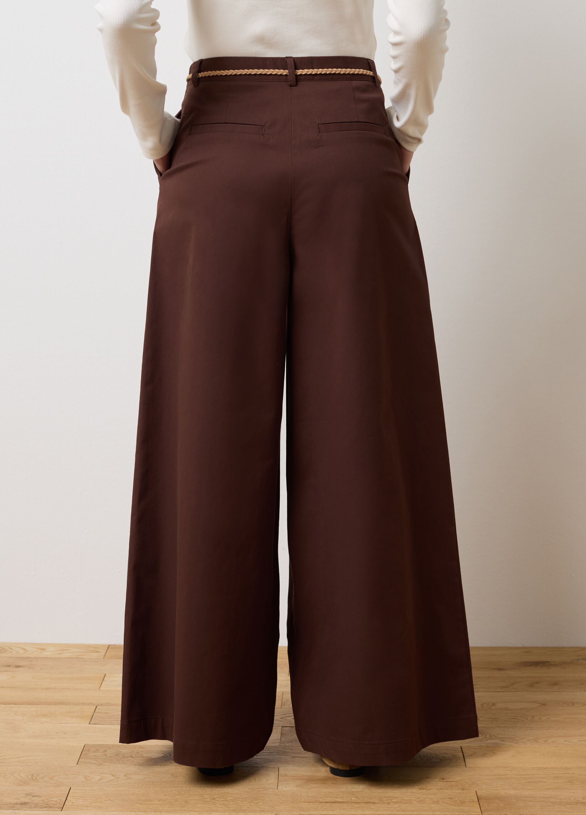 Brown stretch cotton wide leg trousers