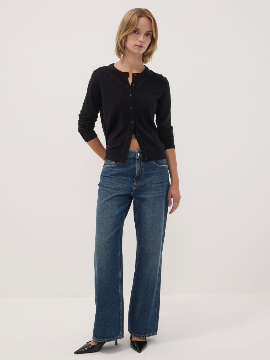 Black crew-neck regular-fit cardigan with buttons_1