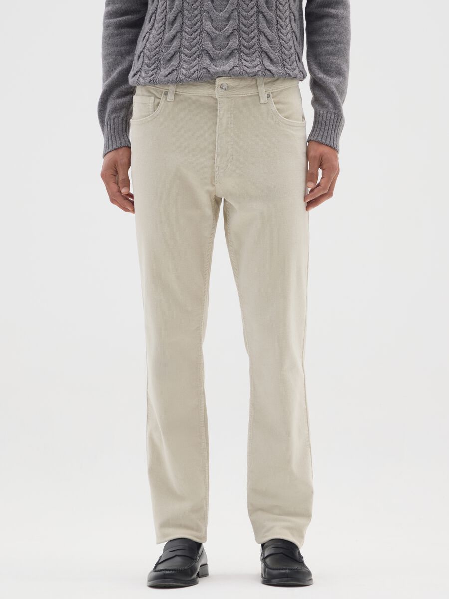Beige slim fit stretch cotton ribbed trousers_1