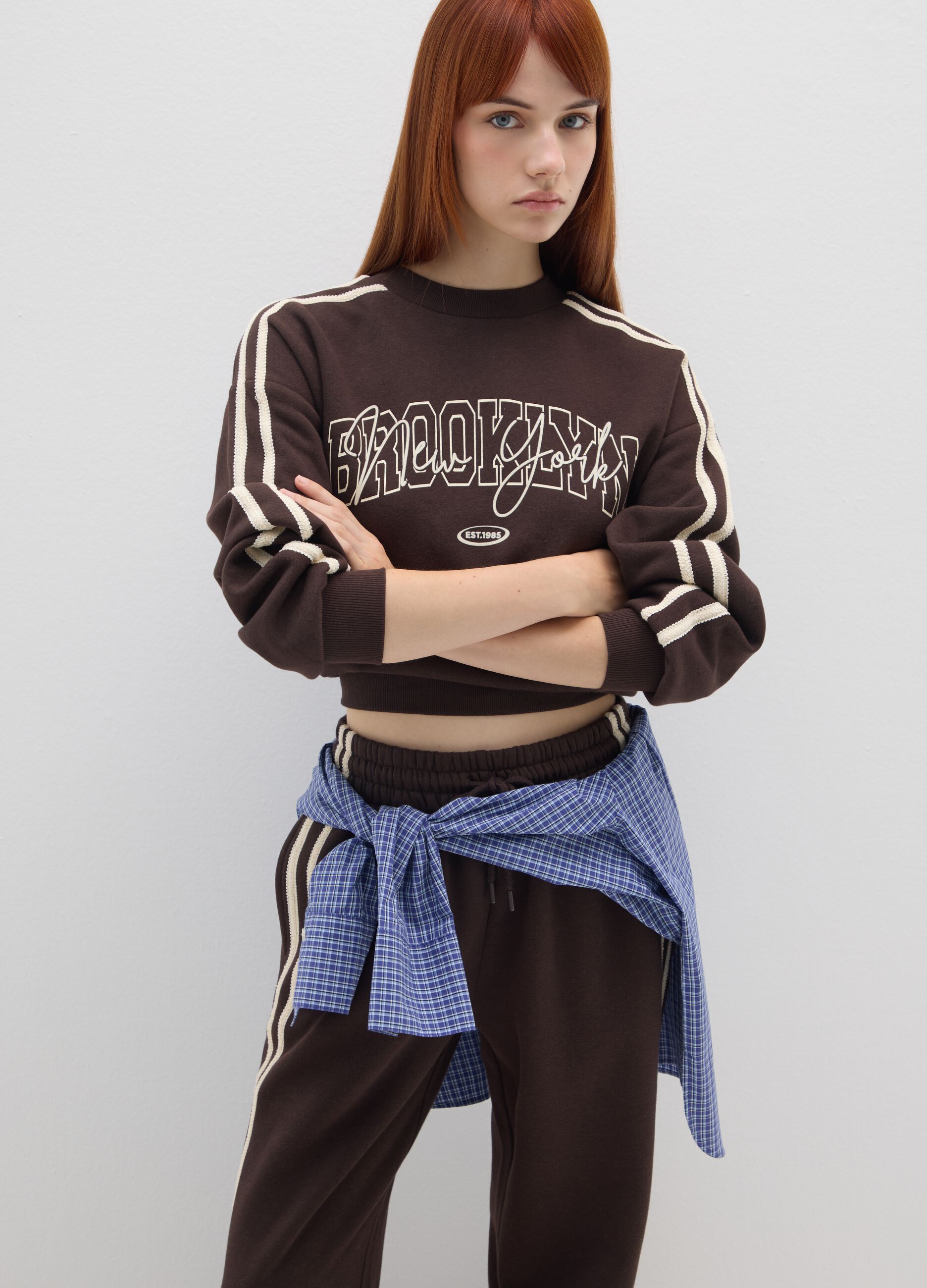 Brown striped regular fit cotton blend sweatshirt