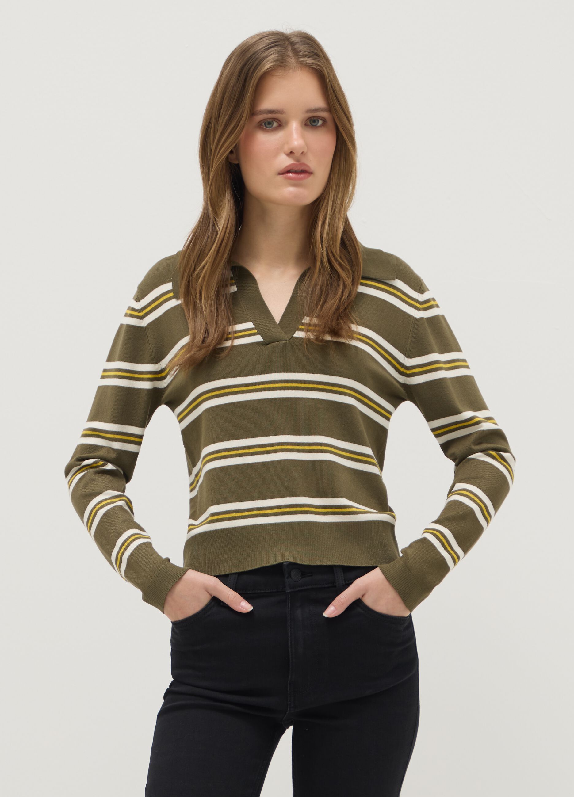 Multicolour striped regular fit jumper with polo collar