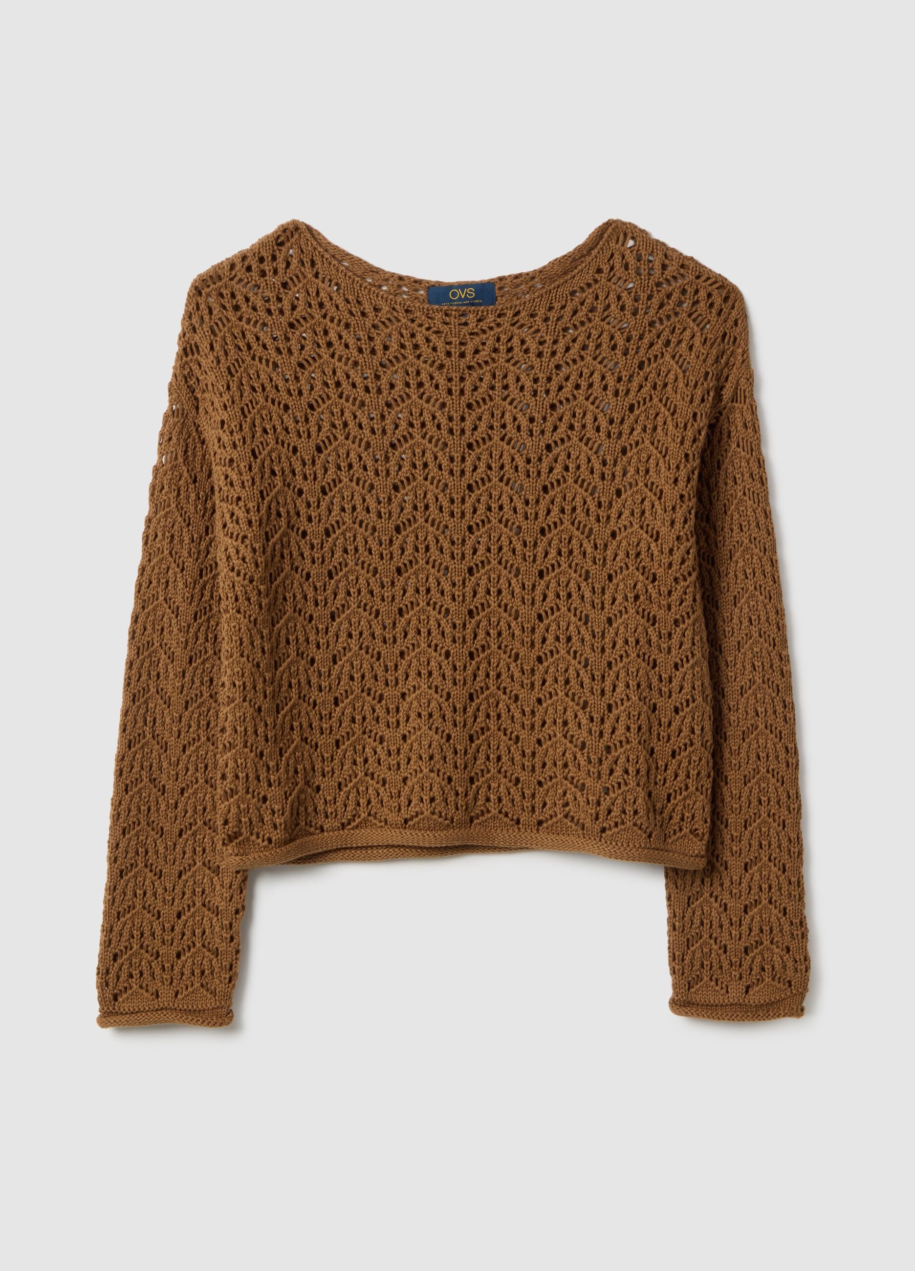 Brown pure cotton jumper with regular fit and perforated design