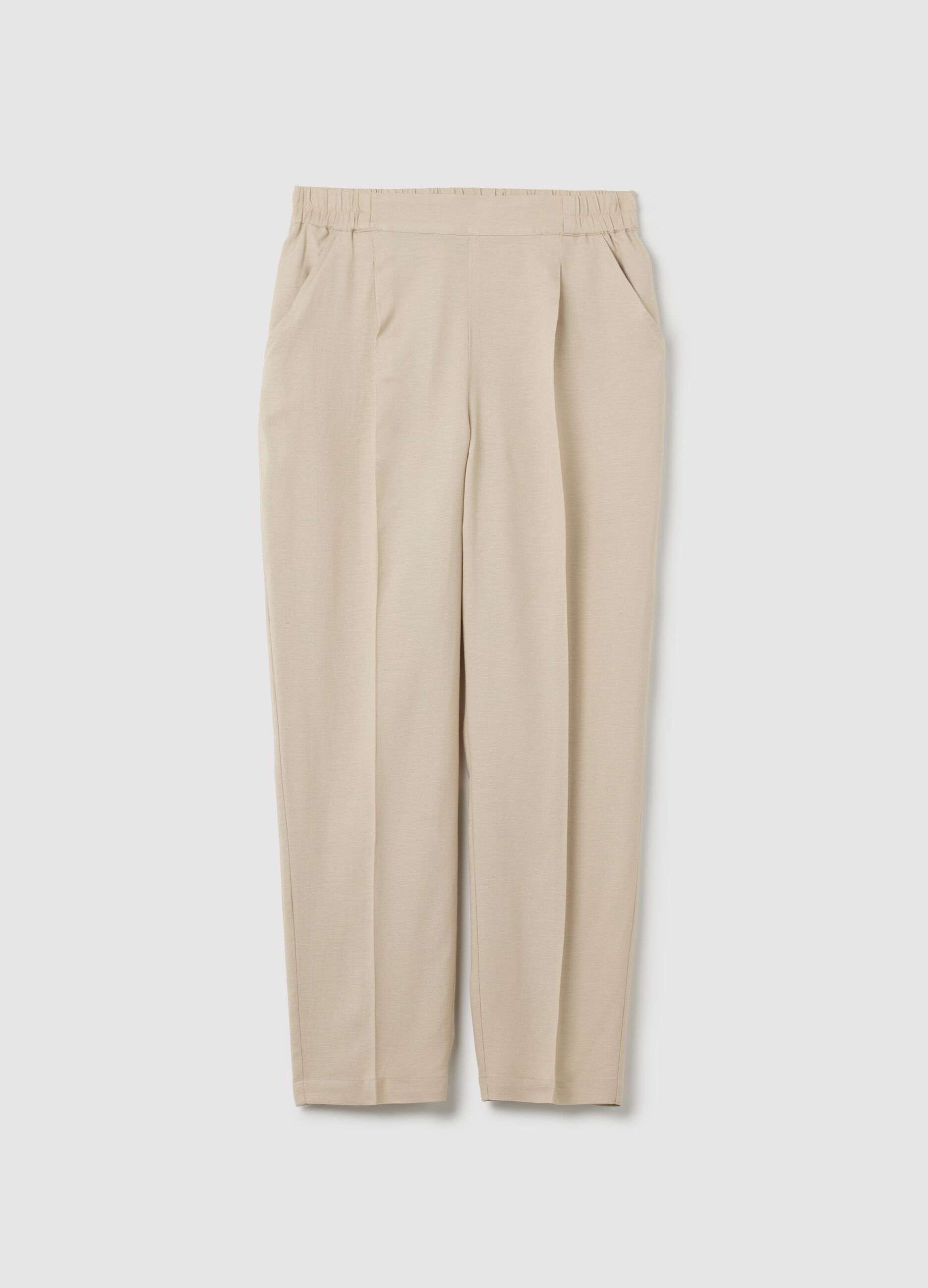 Women's beige straight trousers in viscose and linen blend