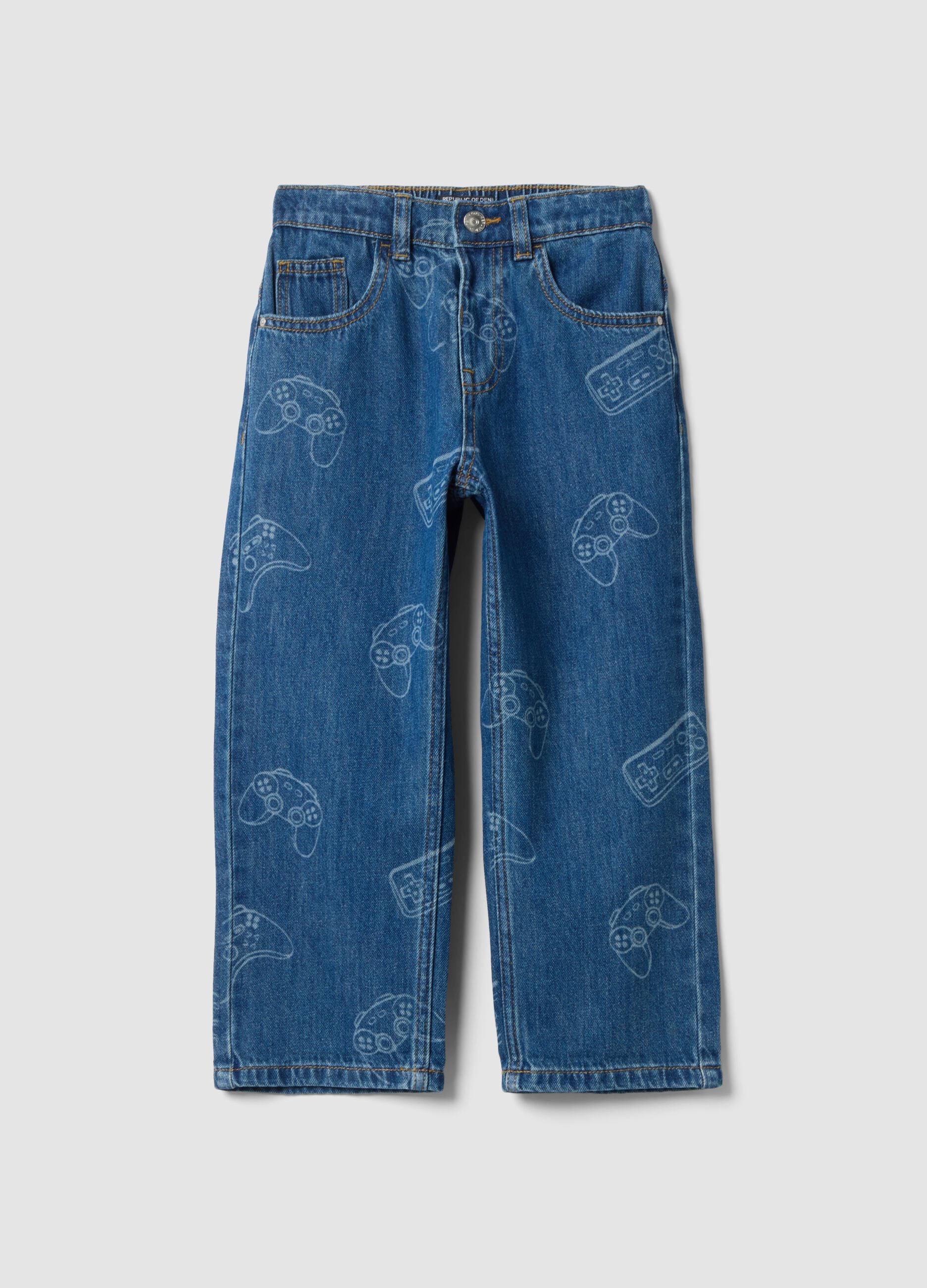 Cotton-viscose blend denim jeans with gaming print