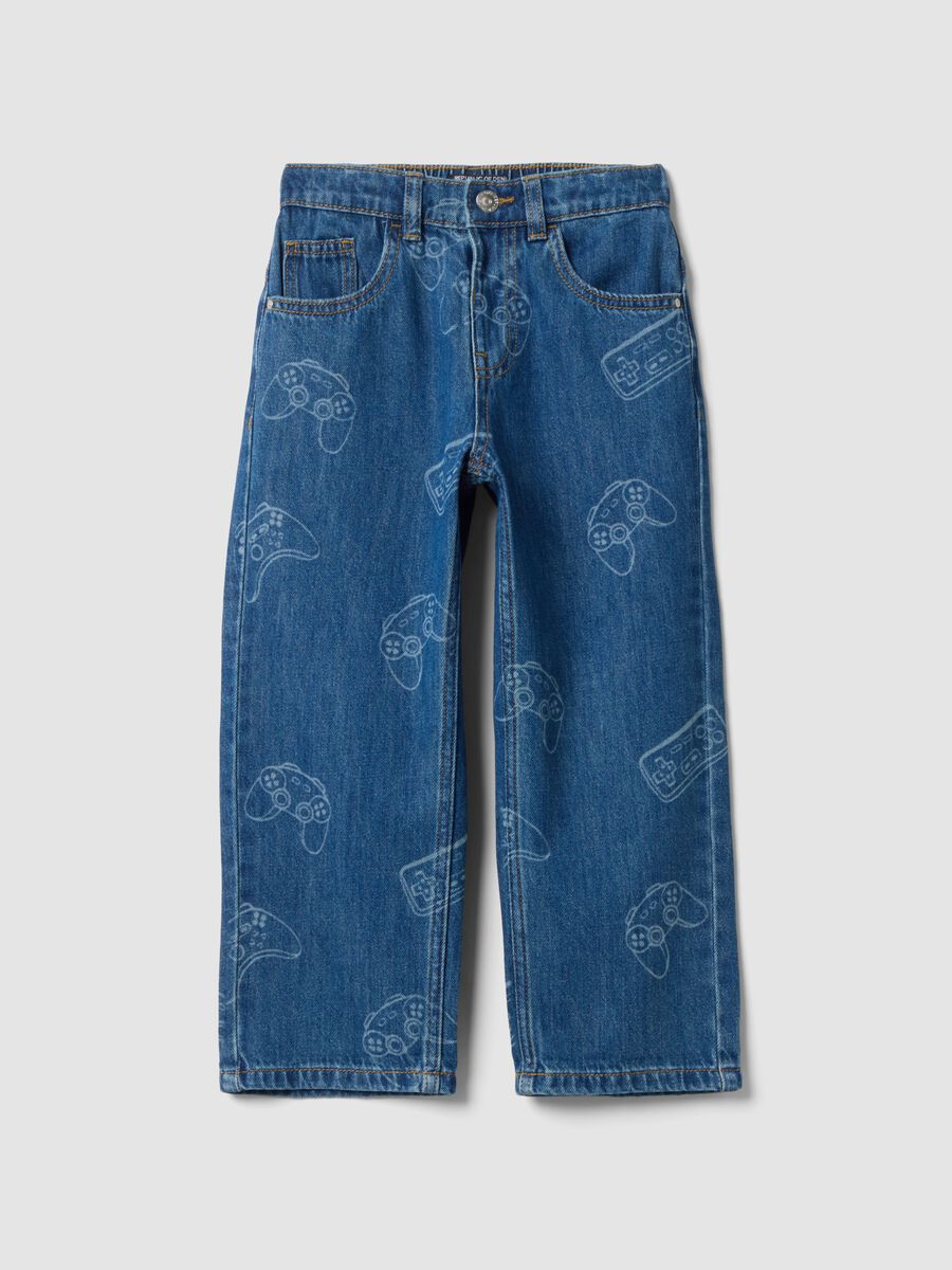 Jeans denim in misto cotone e viscosa con stampa gaming_0