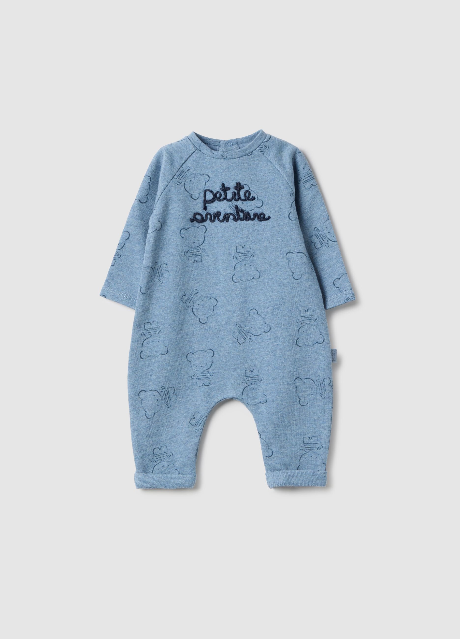 Baby blue pure cotton romper with bear print