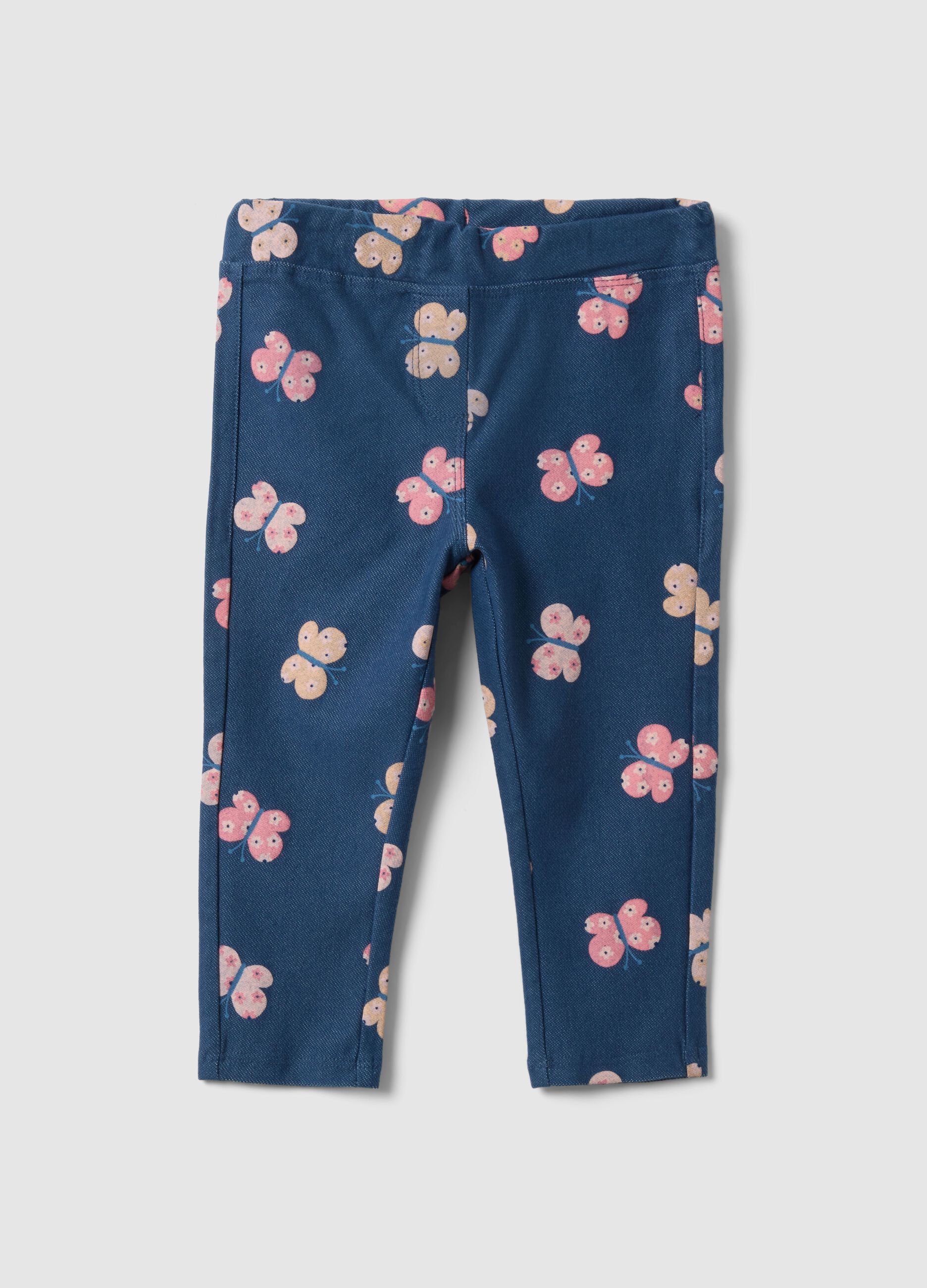 Elasticated Cotton Blue Treggings for Girls with Prints
