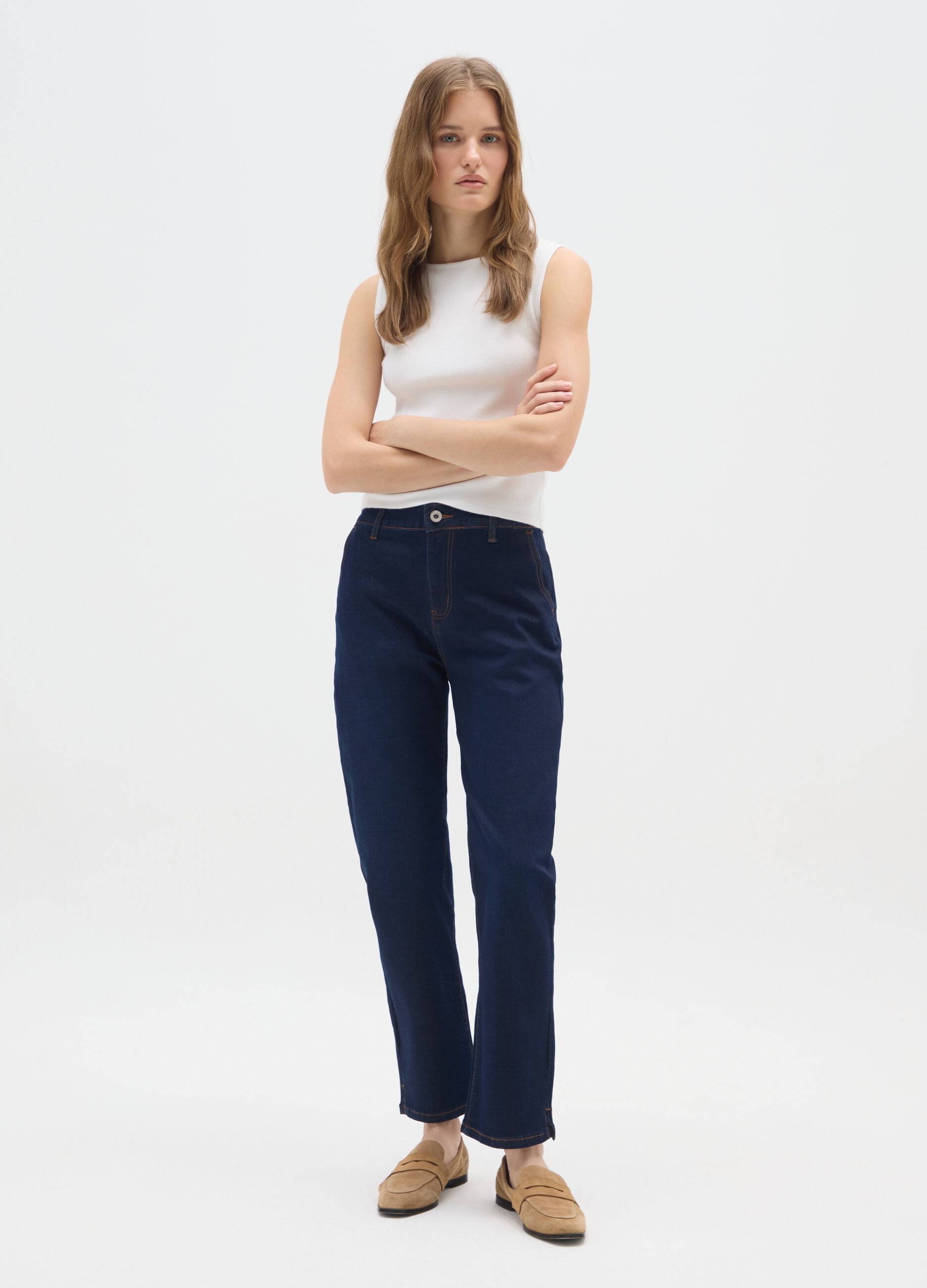 Regular fit blue denim trousers in stretch cotton