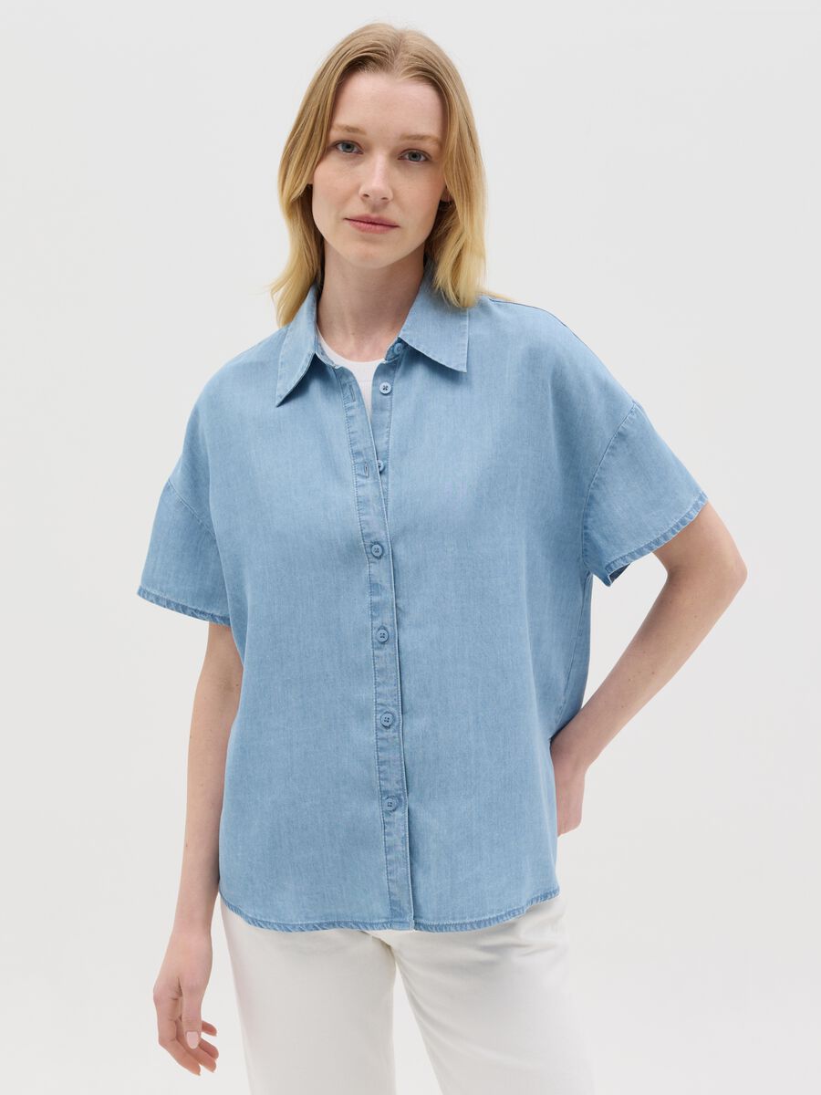 Short-sleeved denim shirt_0
