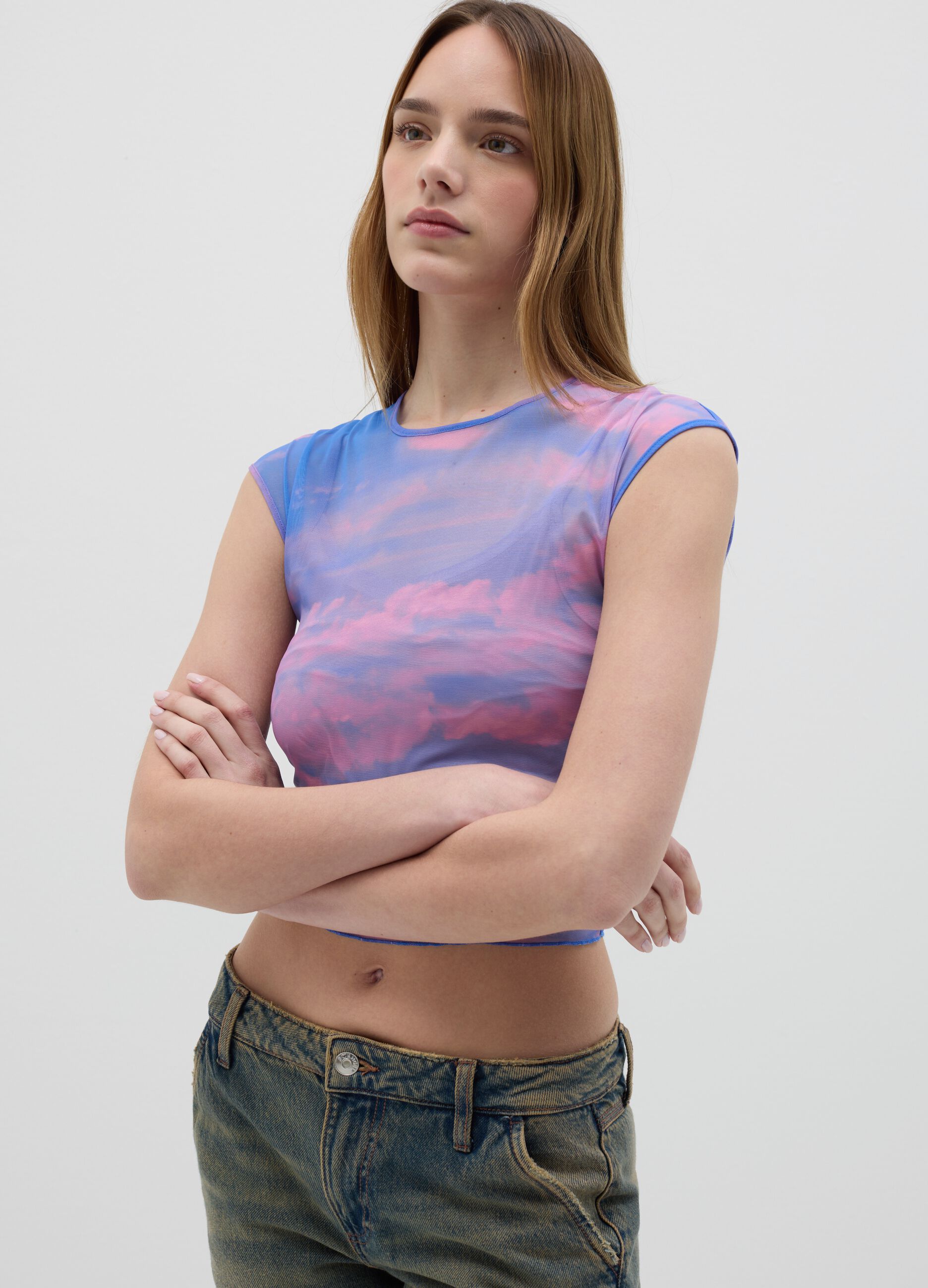 Light blue and pink tank top in mesh with print