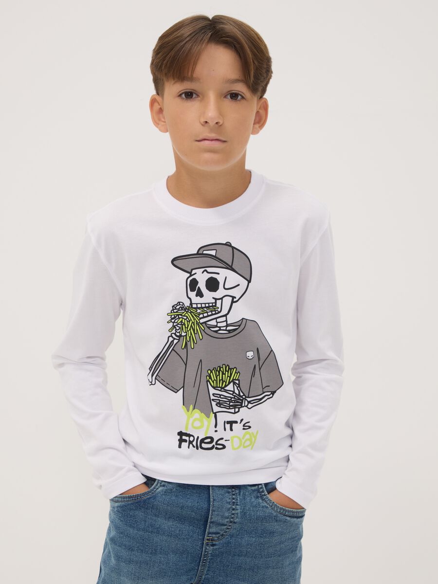 T-shirt bianca in puro cotone organico con stampa scheletro relaxed fit_0