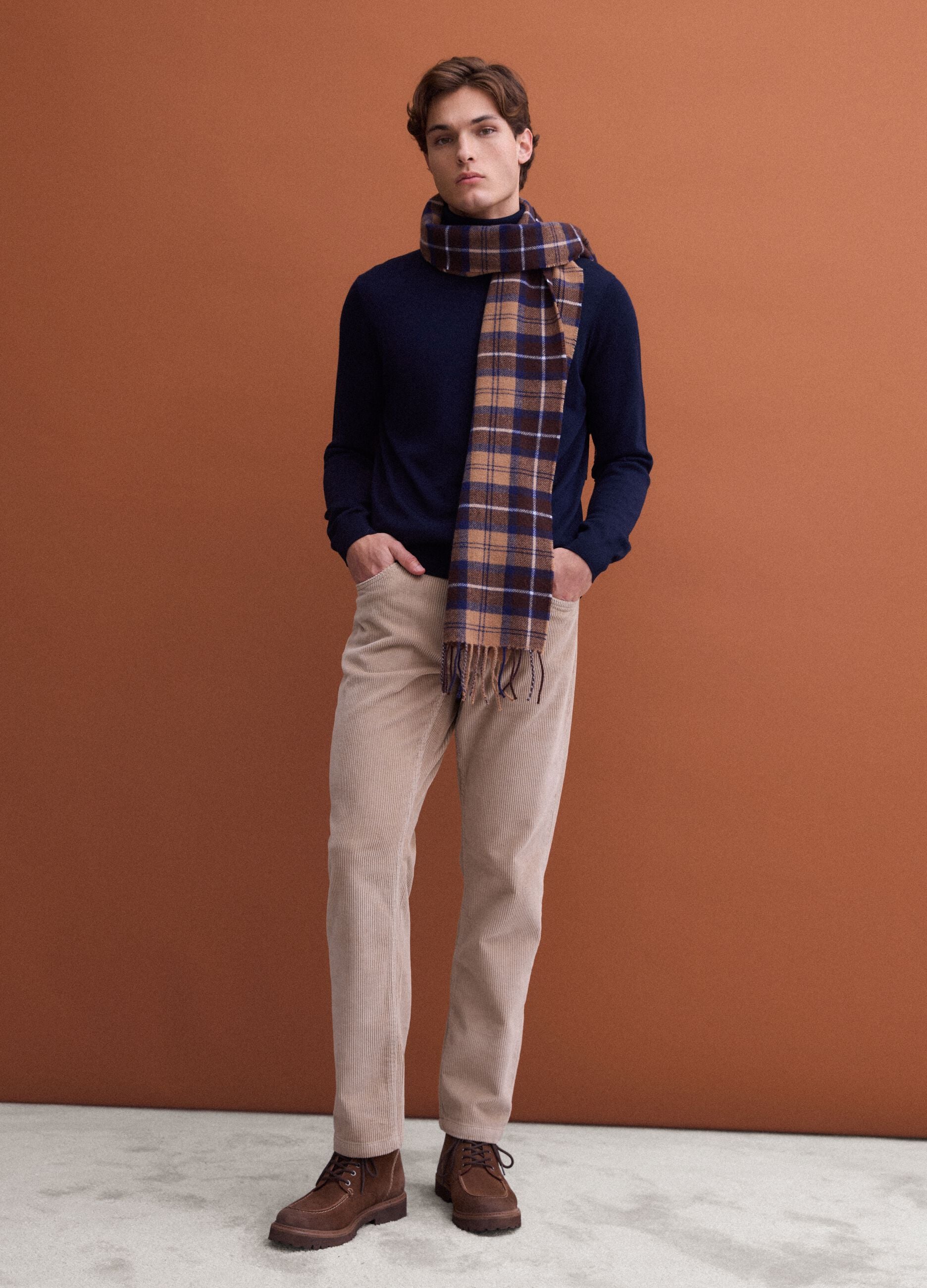 Navy blue merino wool roll-neck jumper, regular fit