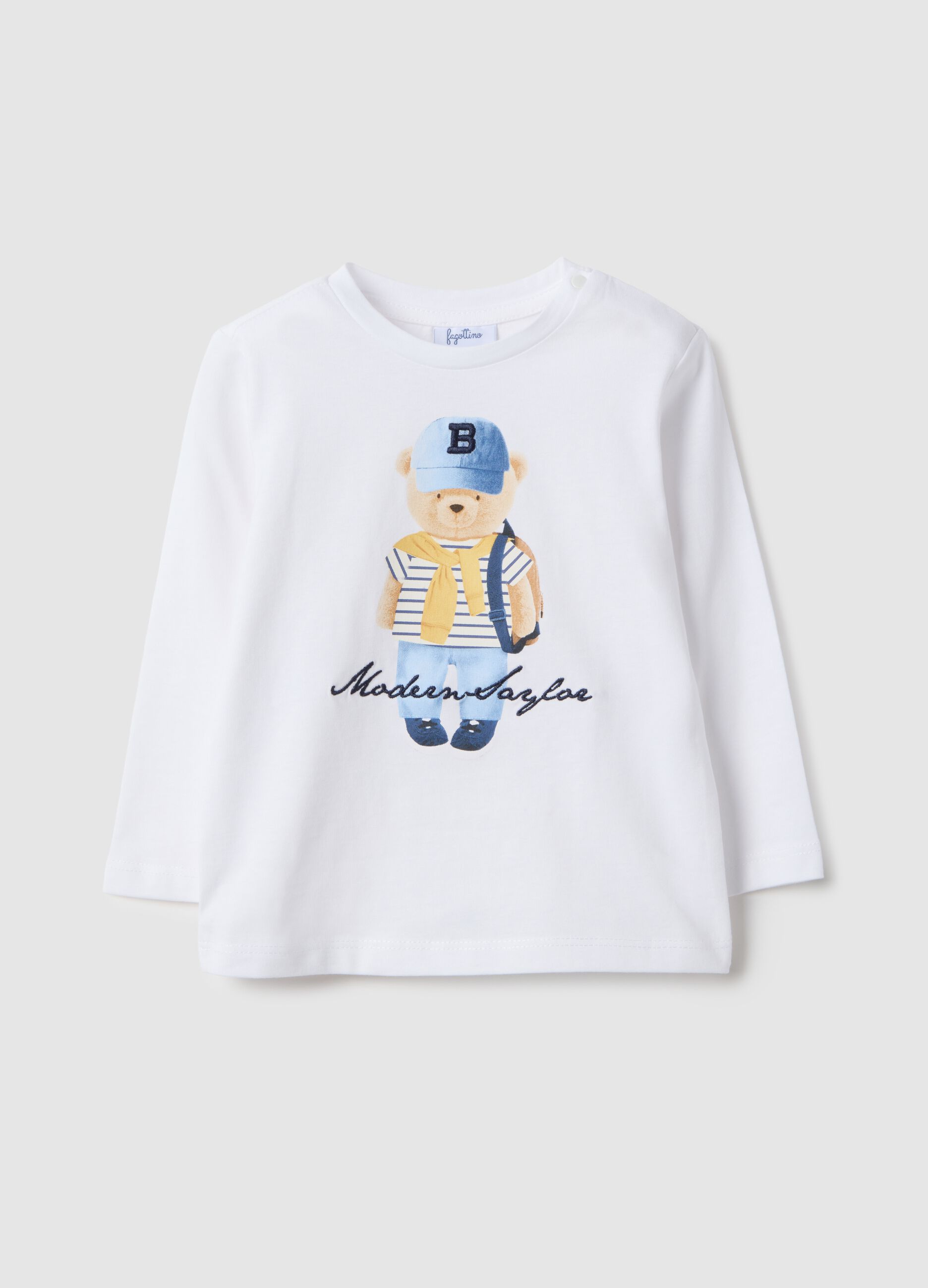 White pure cotton regular fit t-shirt with teddy bear for boys