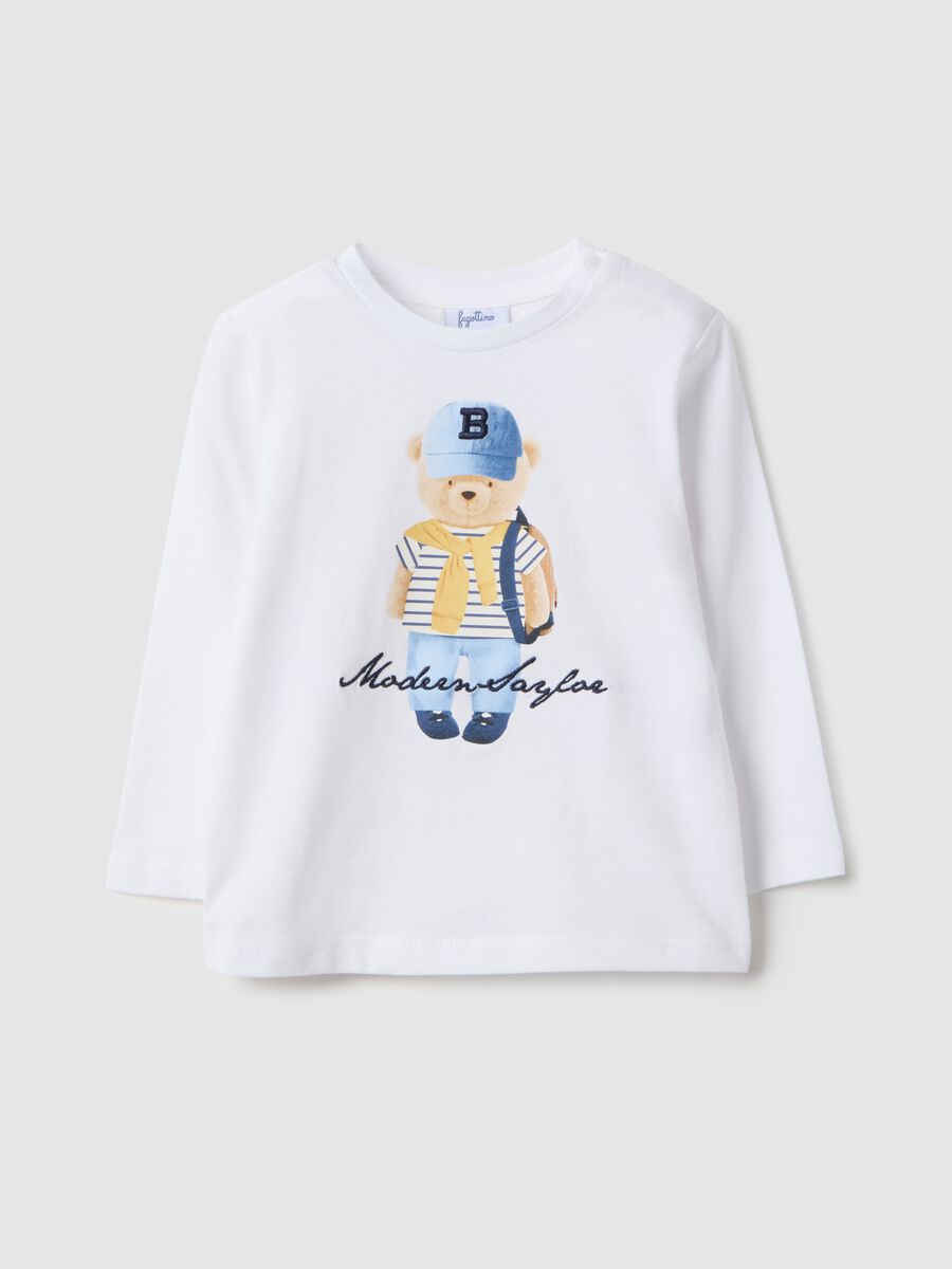 White pure cotton regular fit t-shirt with teddy bear for boys_0