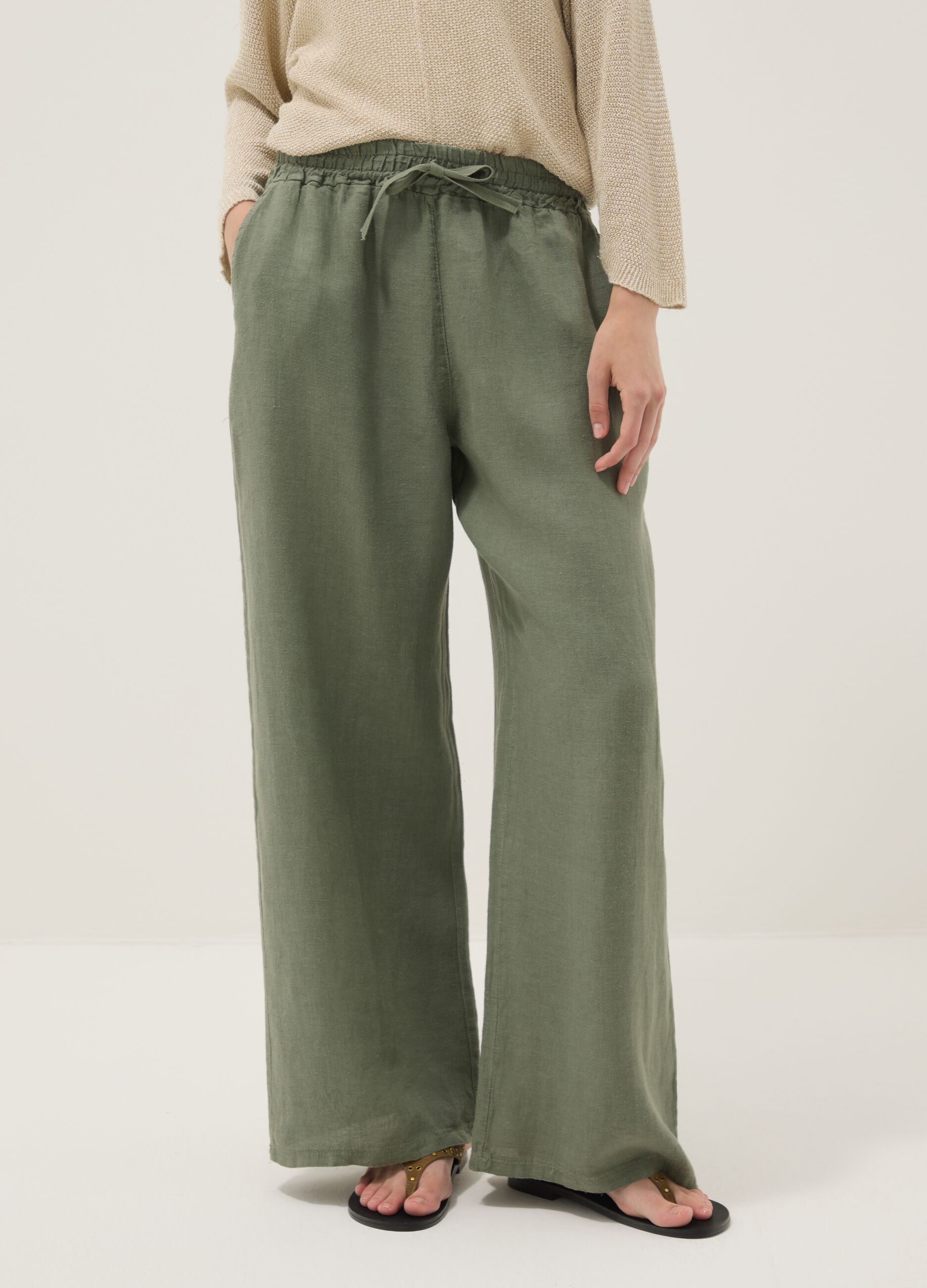 Pantaloni verdi in puro lino con coulisse