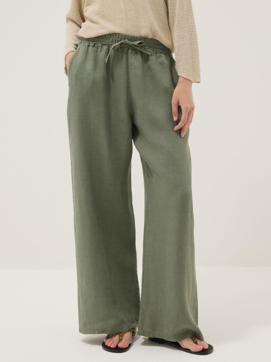 Pantaloni verdi in puro lino con coulisse_1