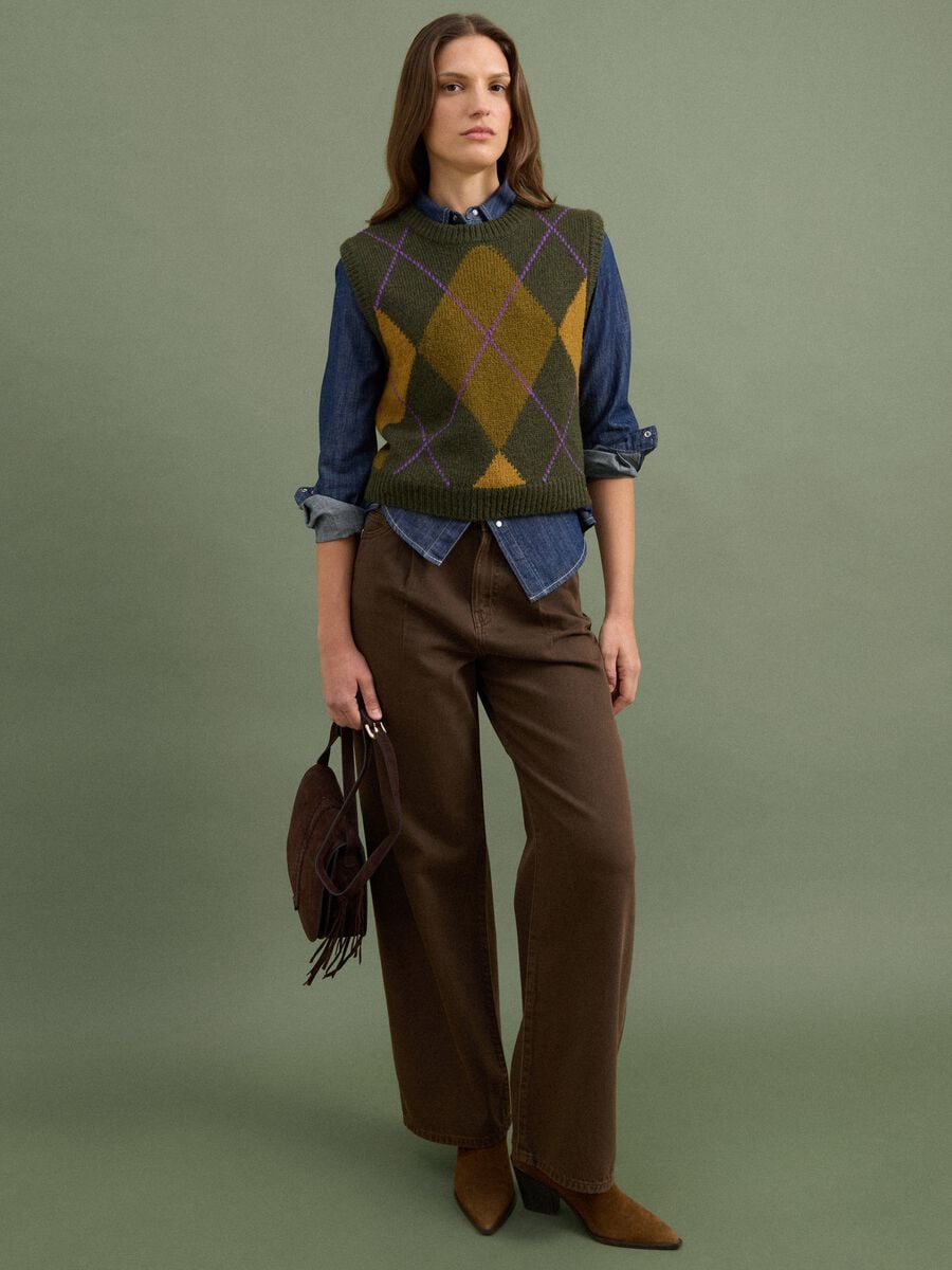Green jacquard wool-blend crew-neck gilet, regular fit_1