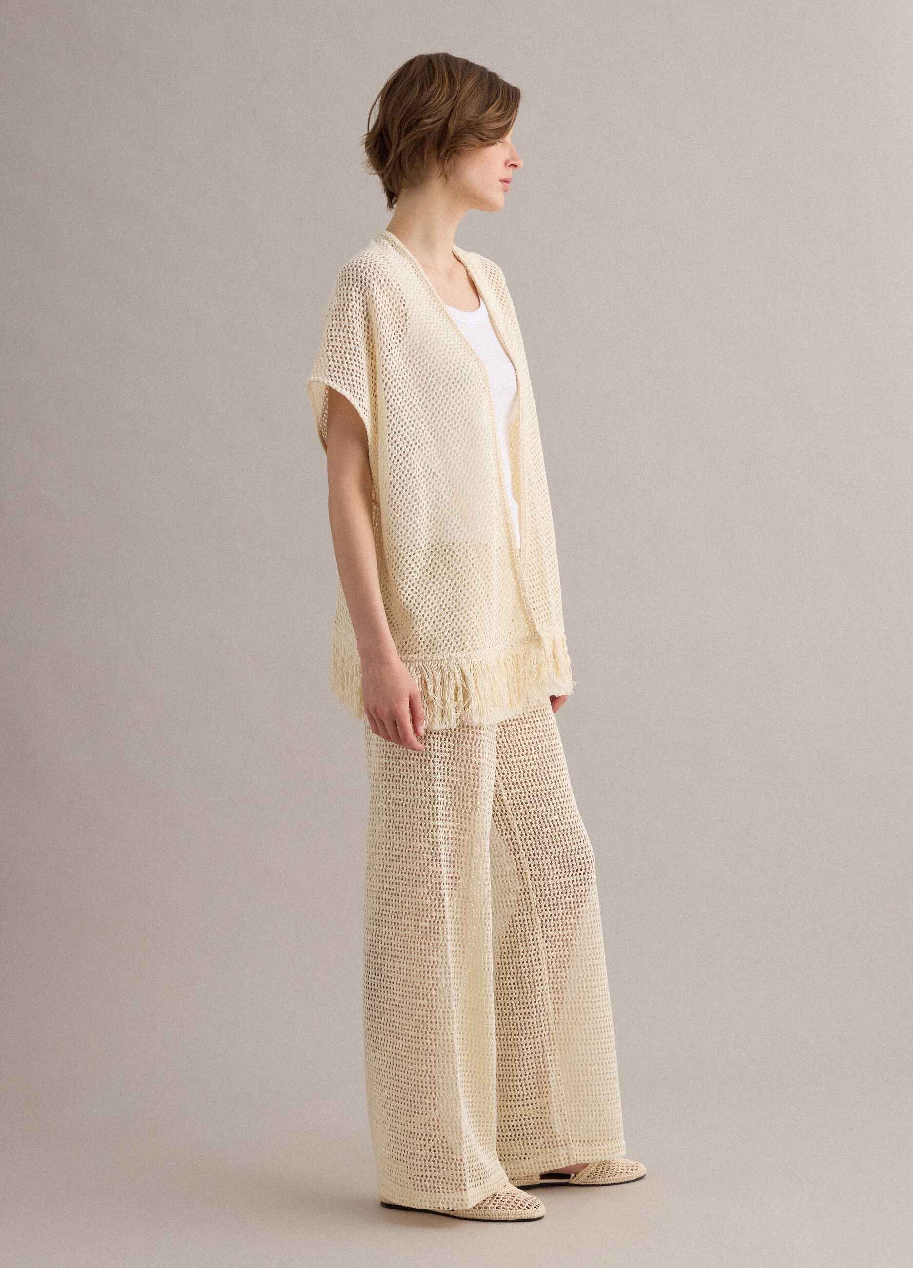 Beige crochet viscose-blend cardigan with fringes