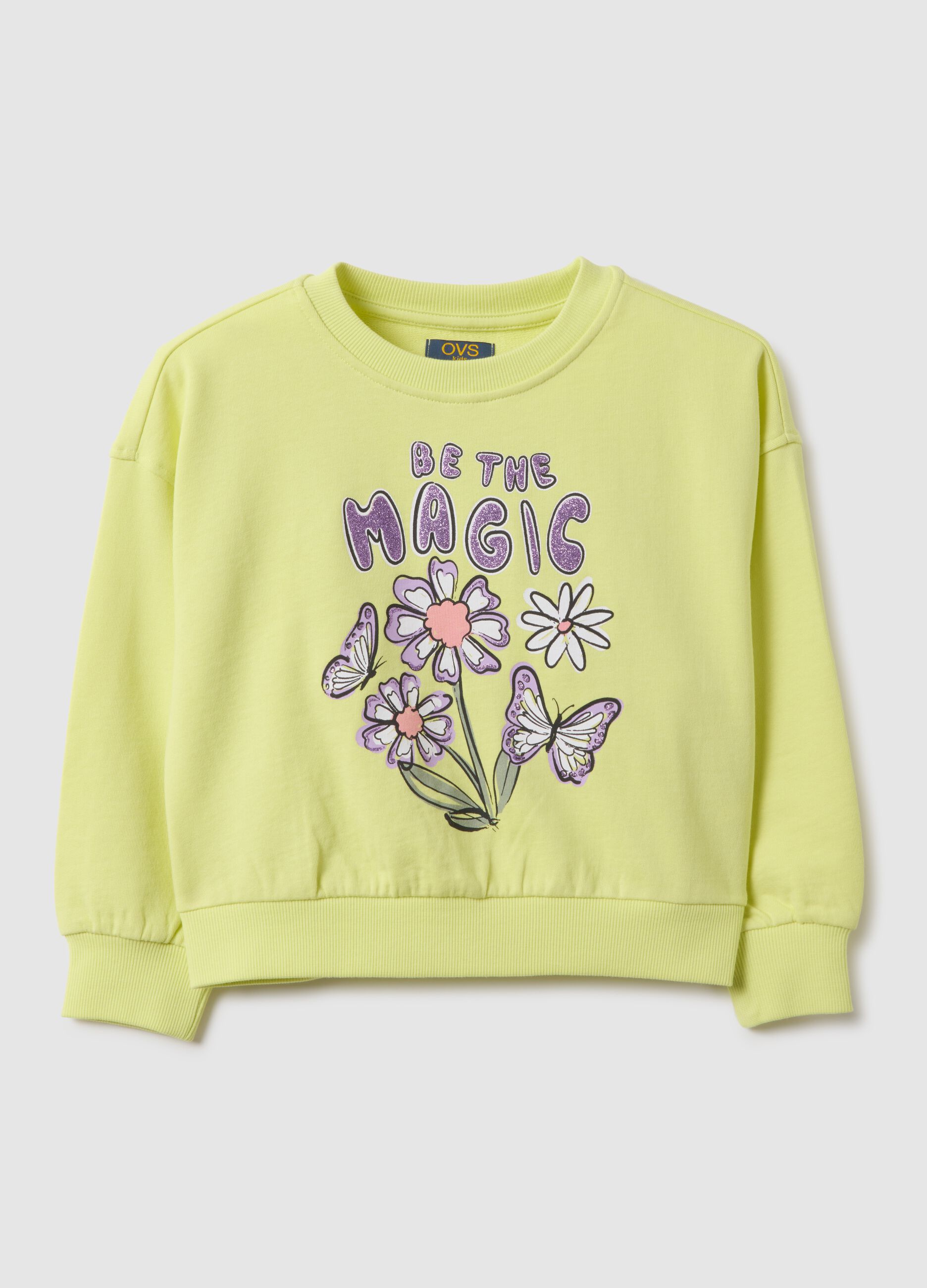 Yellow pure cotton girl's sweatshirt regular fit with embellishments