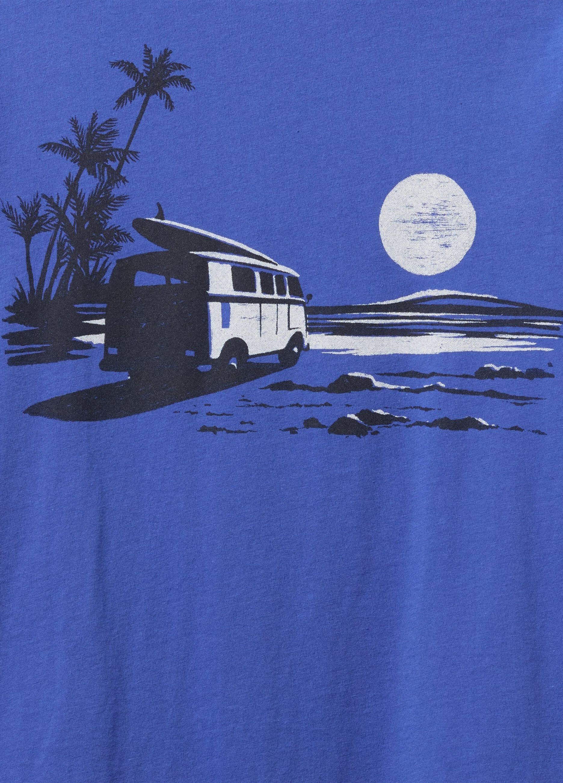 Blue T-shirt featuring a van and palm tree under the moon