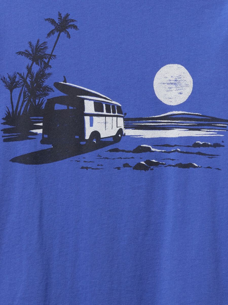 Blue T-shirt featuring a van and palm tree under the moon_1