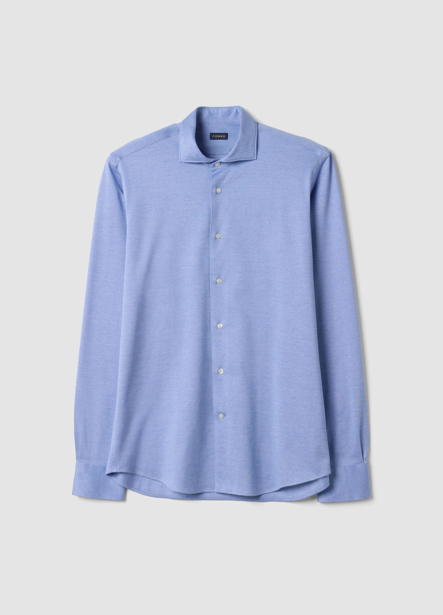 Light blue pure cotton knit shirt, regular fit with classic collar