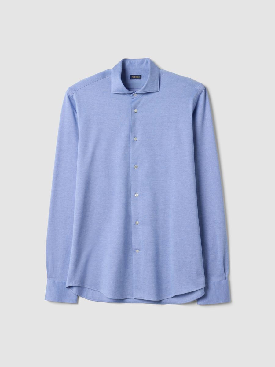 Camicia knit azzurra in puro cotone regular fit con colletto classico_0