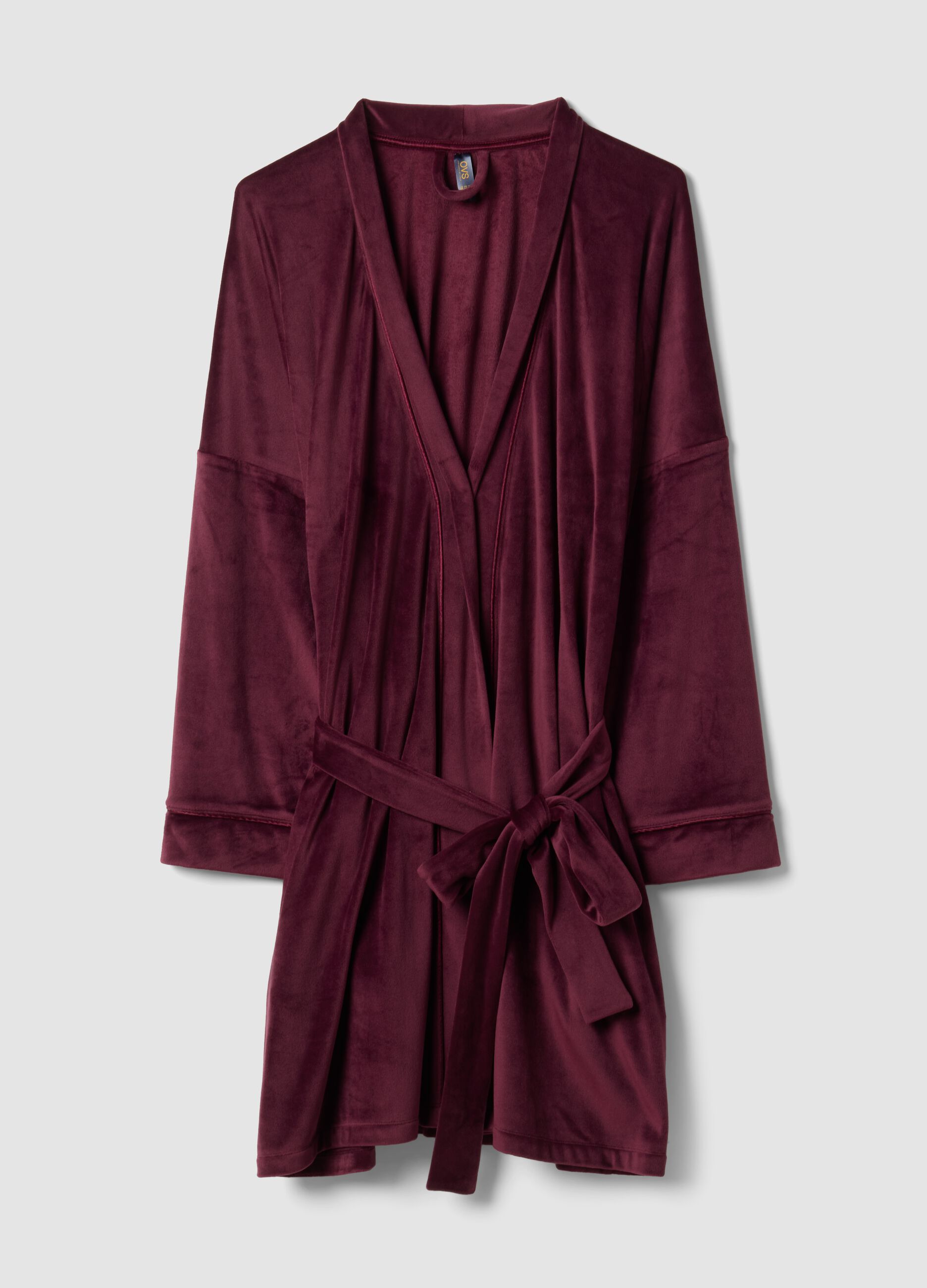 Purple stretch-fabric dressing gown with tie belt
