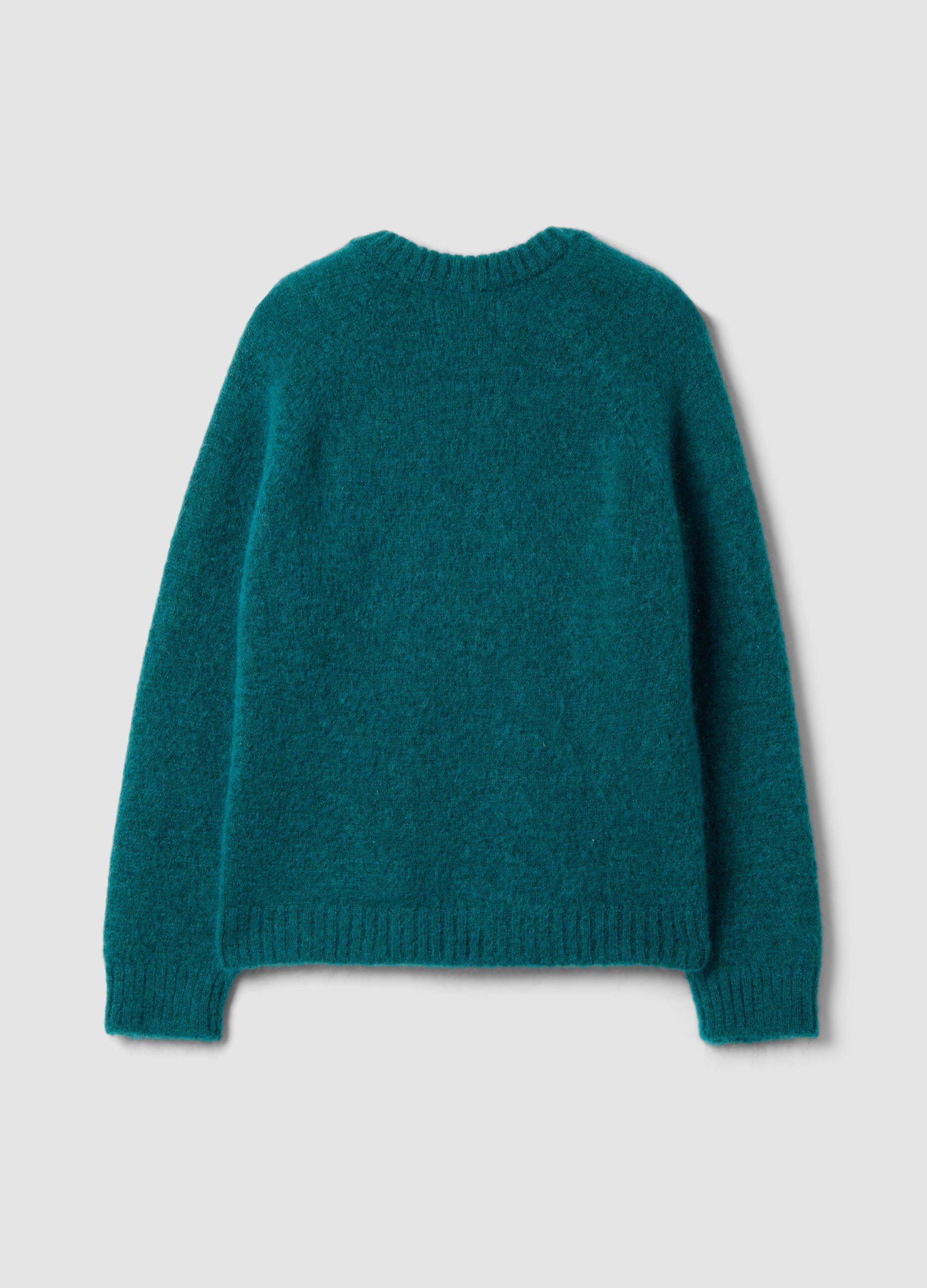 Oversized teal-green V-neck jumper in stretch mohair and merino wool
