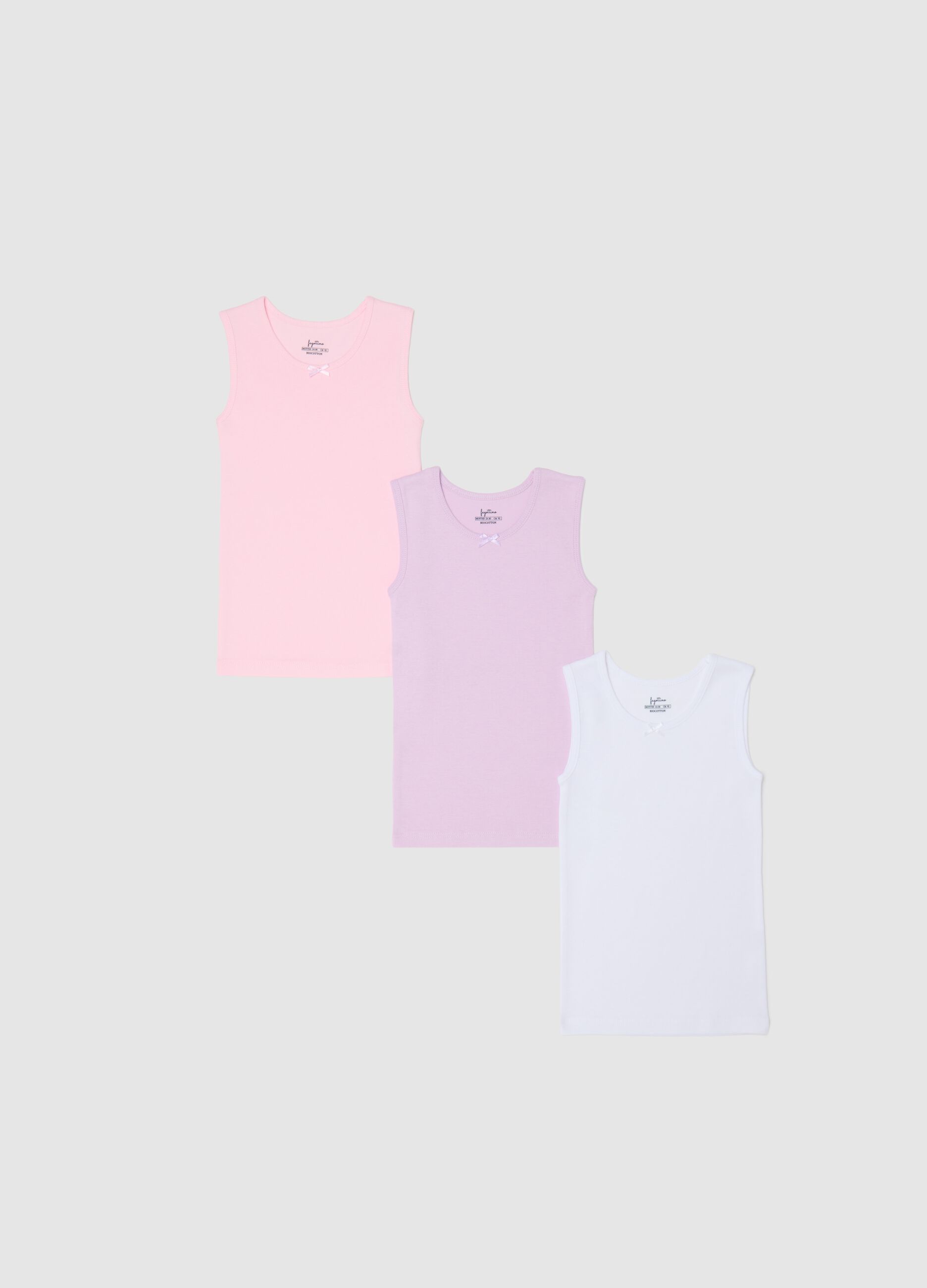 Three-pack pink and white vests in organic cotton with bow