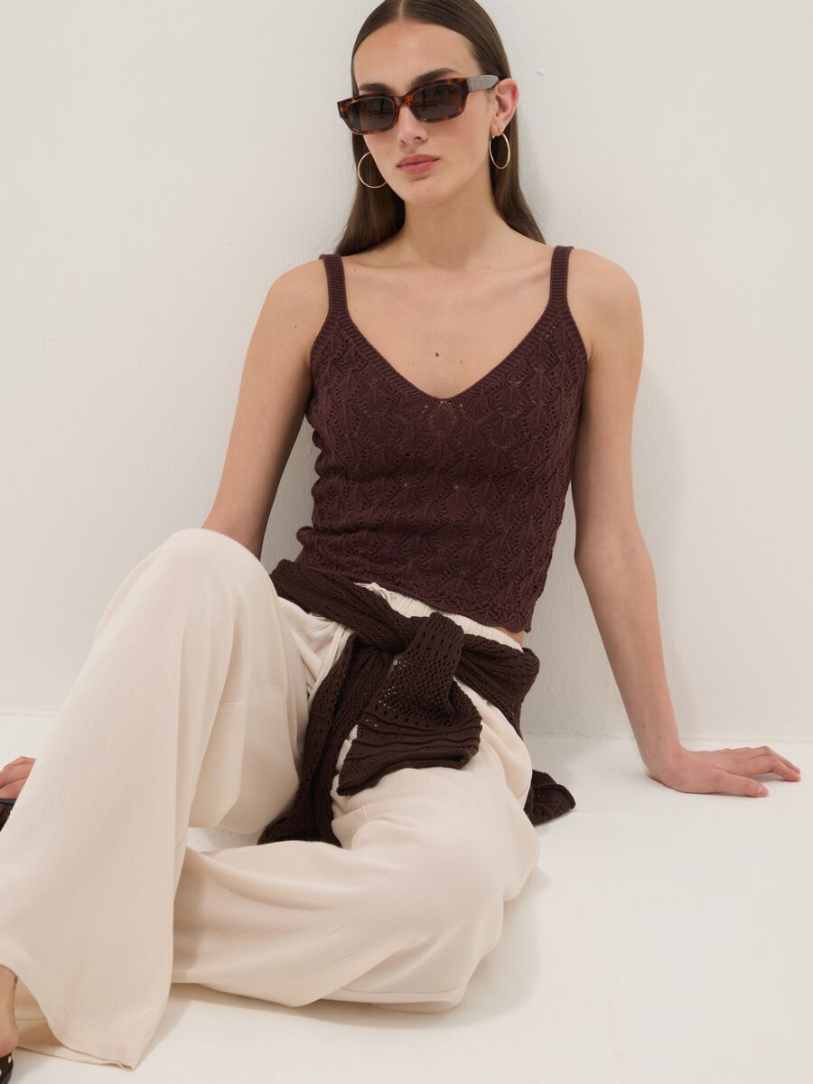 Brown pure cotton crochet waistcoat, regular fit_0